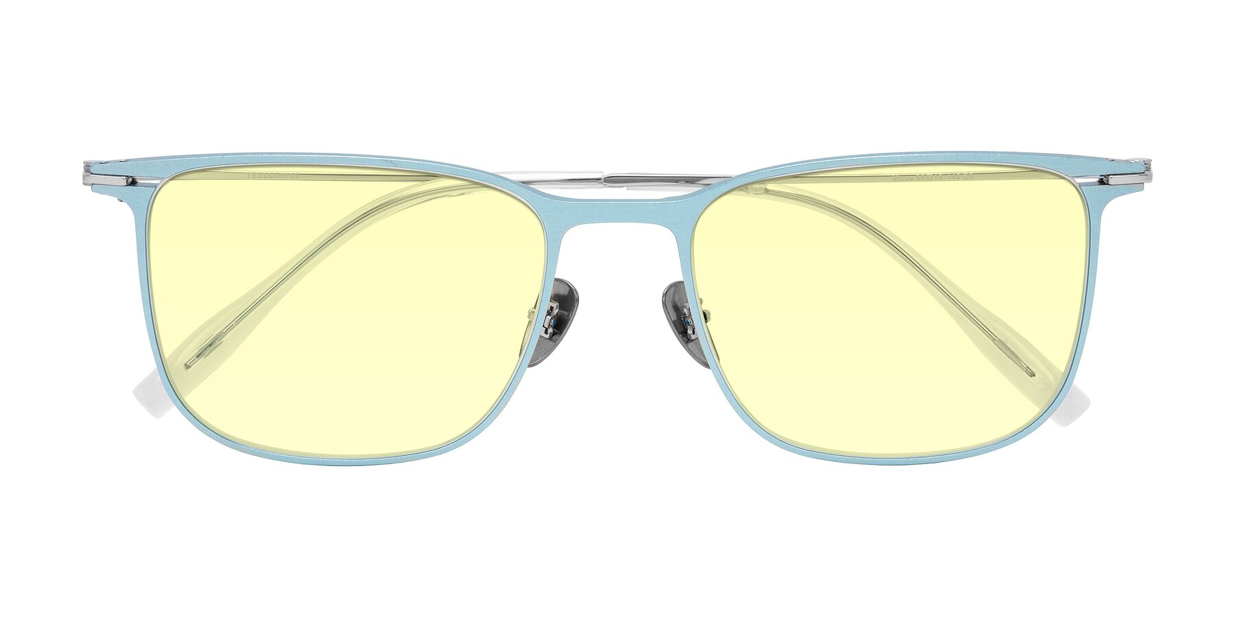 Folded Front of Moua in Pastel Blue/Silver with Light Yellow Tinted Lenses