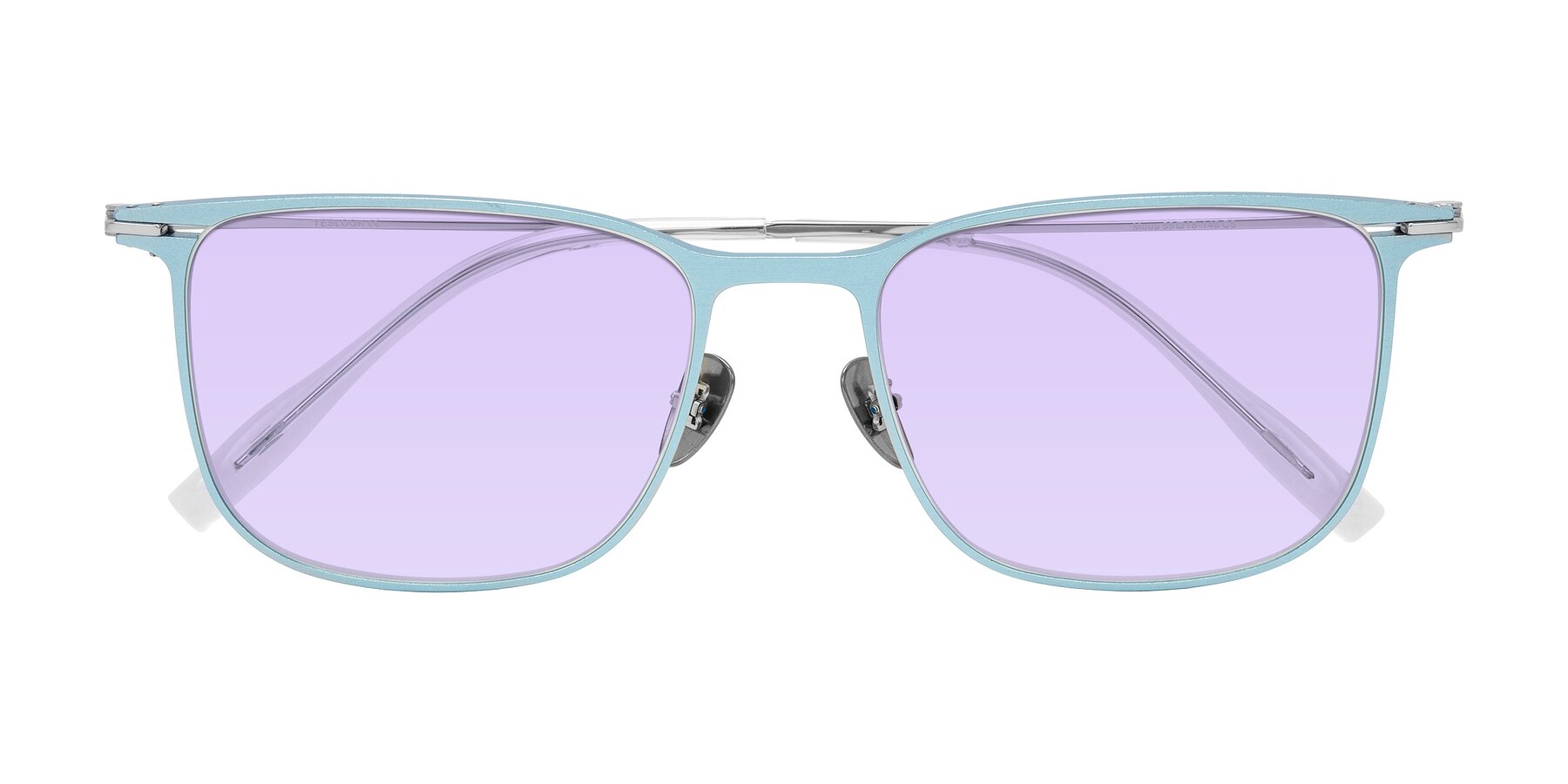 Folded Front of Moua in Pastel Blue/Silver with Light Purple Tinted Lenses