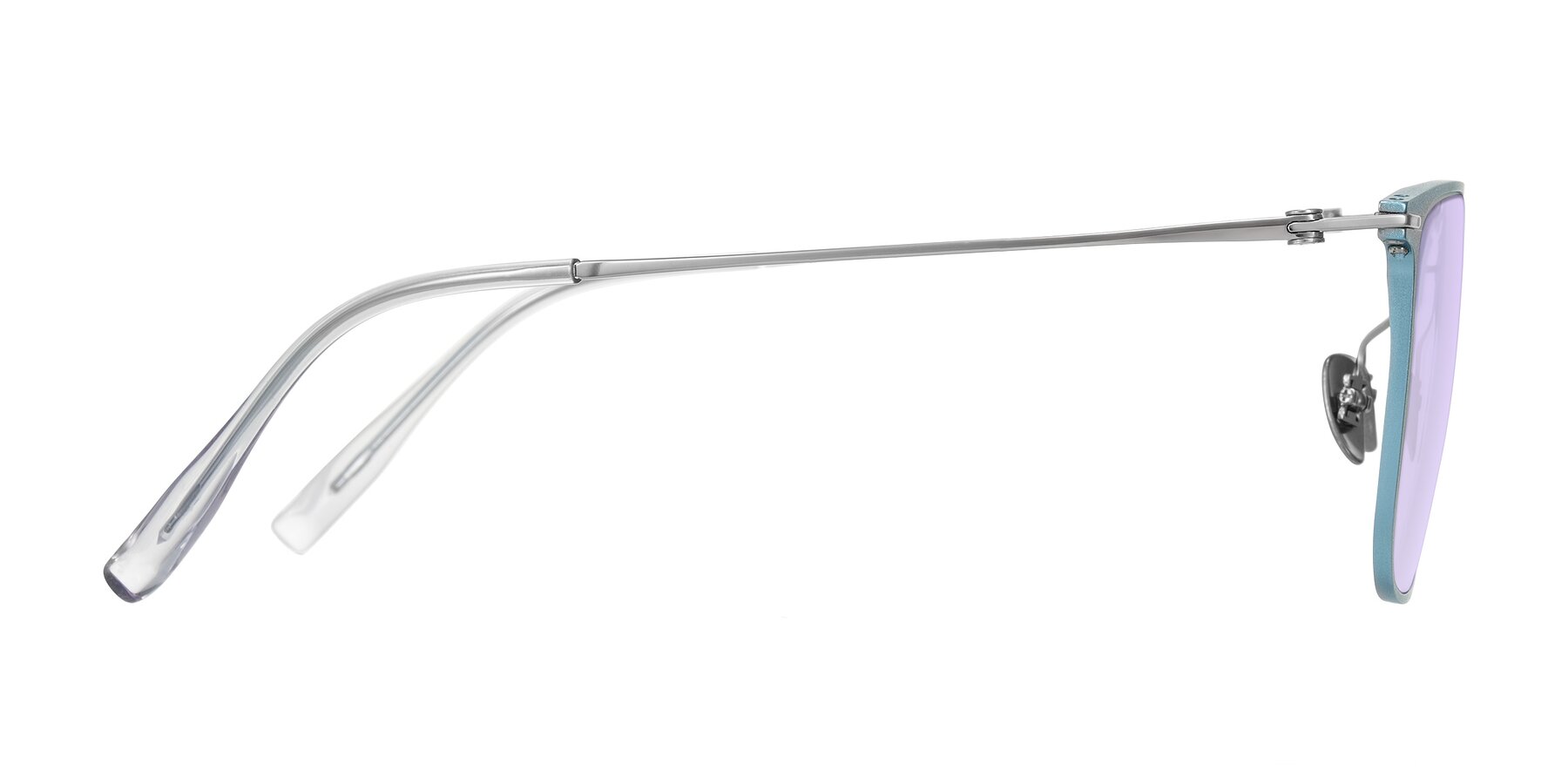 Side of Moua in Pastel Blue/Silver with Light Purple Tinted Lenses