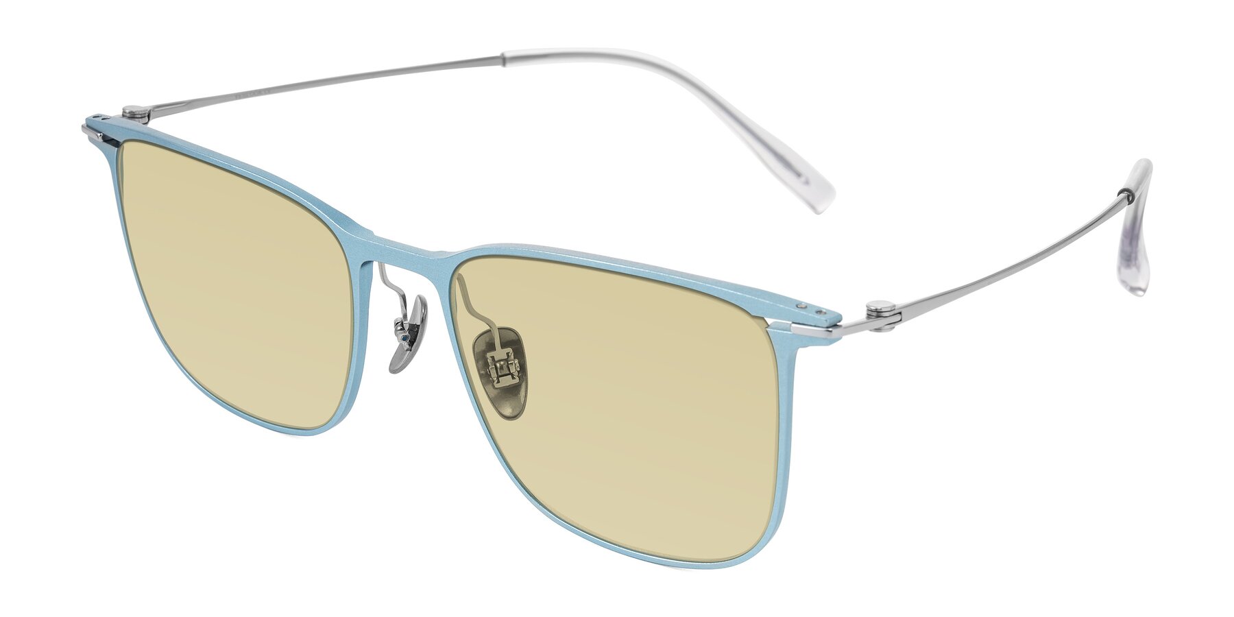 Angle of Moua in Pastel Blue/Silver with Light Champagne Tinted Lenses