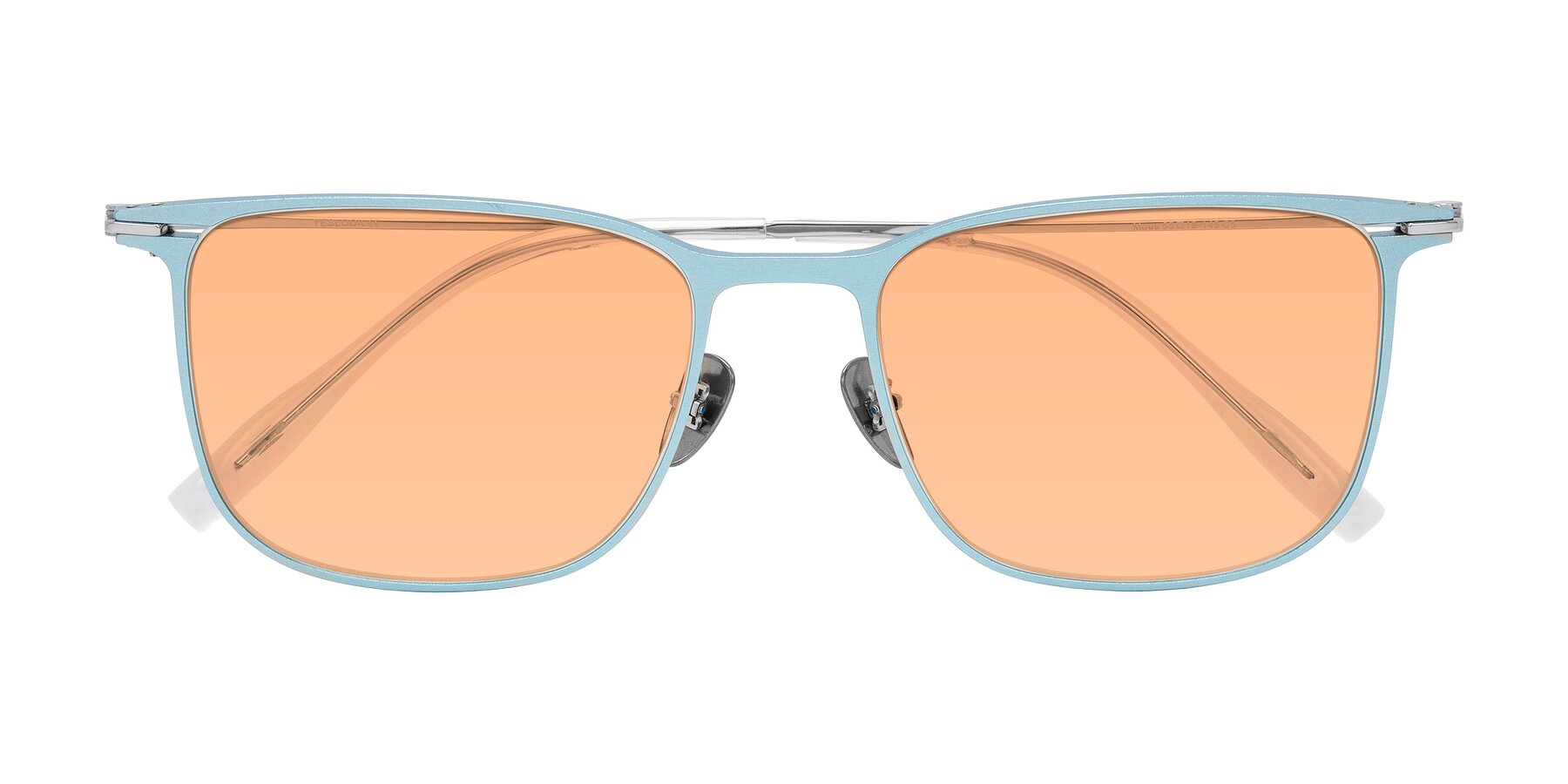 Folded Front of Moua in Pastel Blue/Silver with Light Orange Tinted Lenses