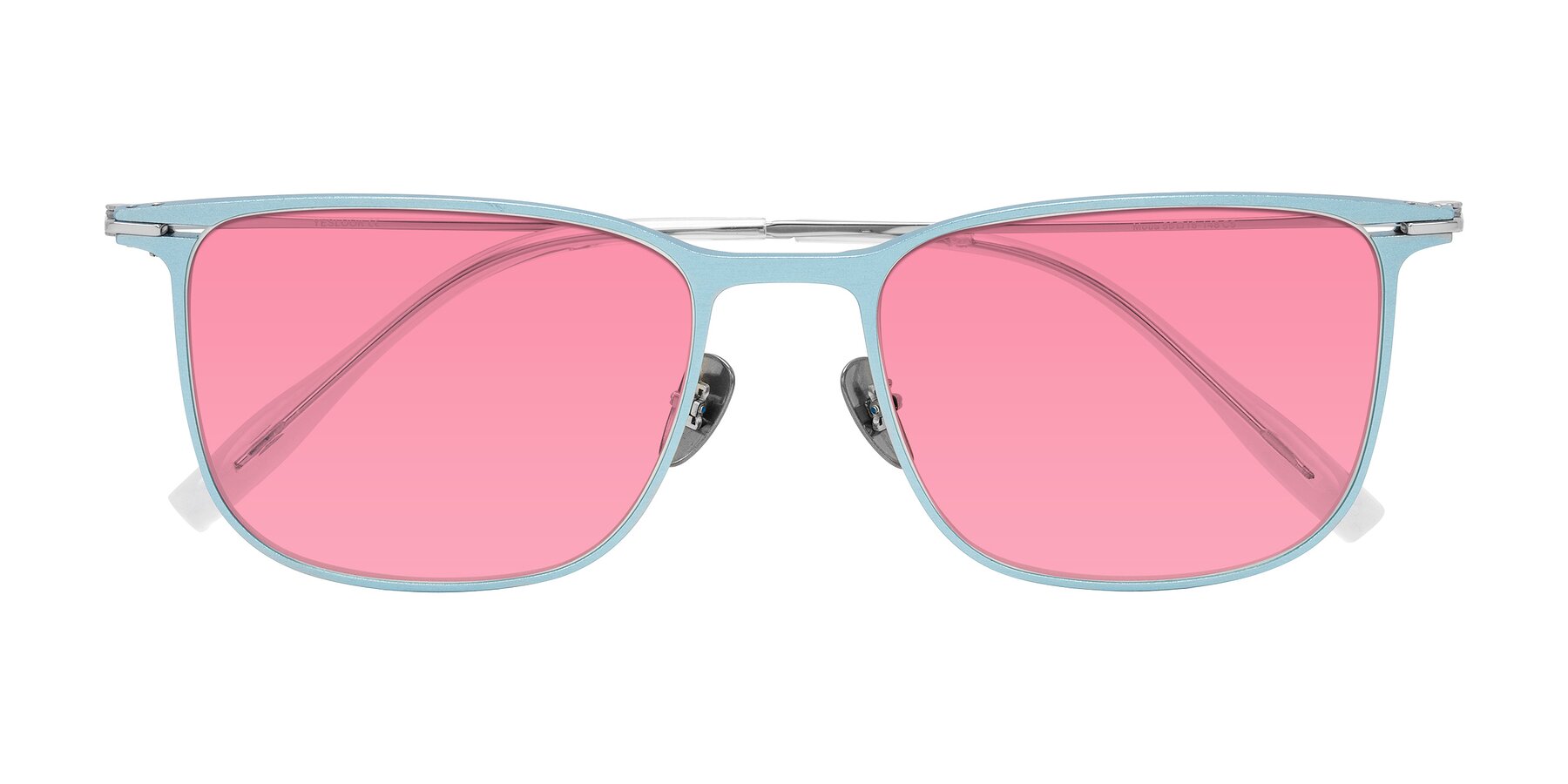 Folded Front of Moua in Pastel Blue/Silver with Pink Tinted Lenses