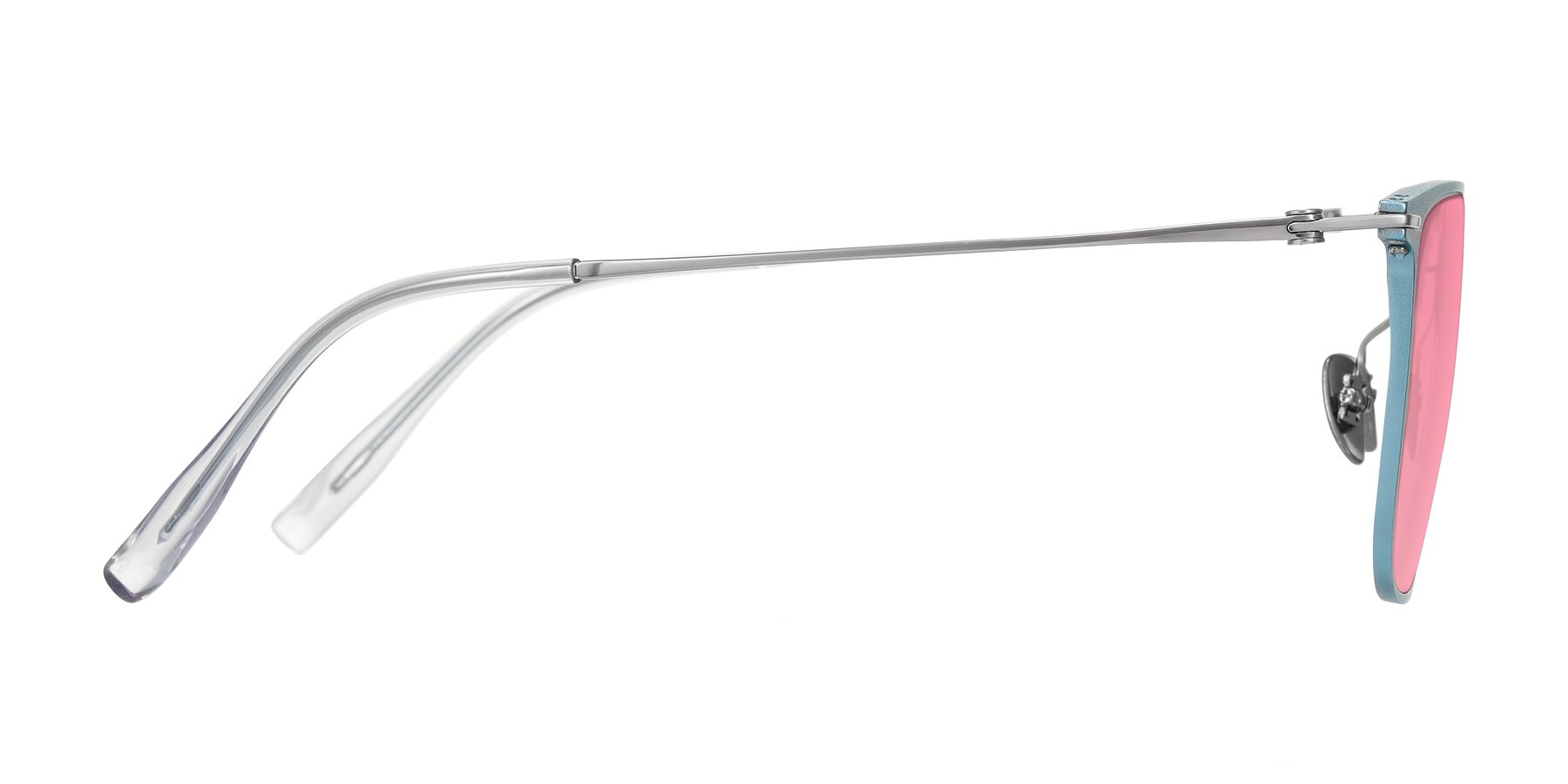 Side of Moua in Pastel Blue/Silver with Pink Tinted Lenses