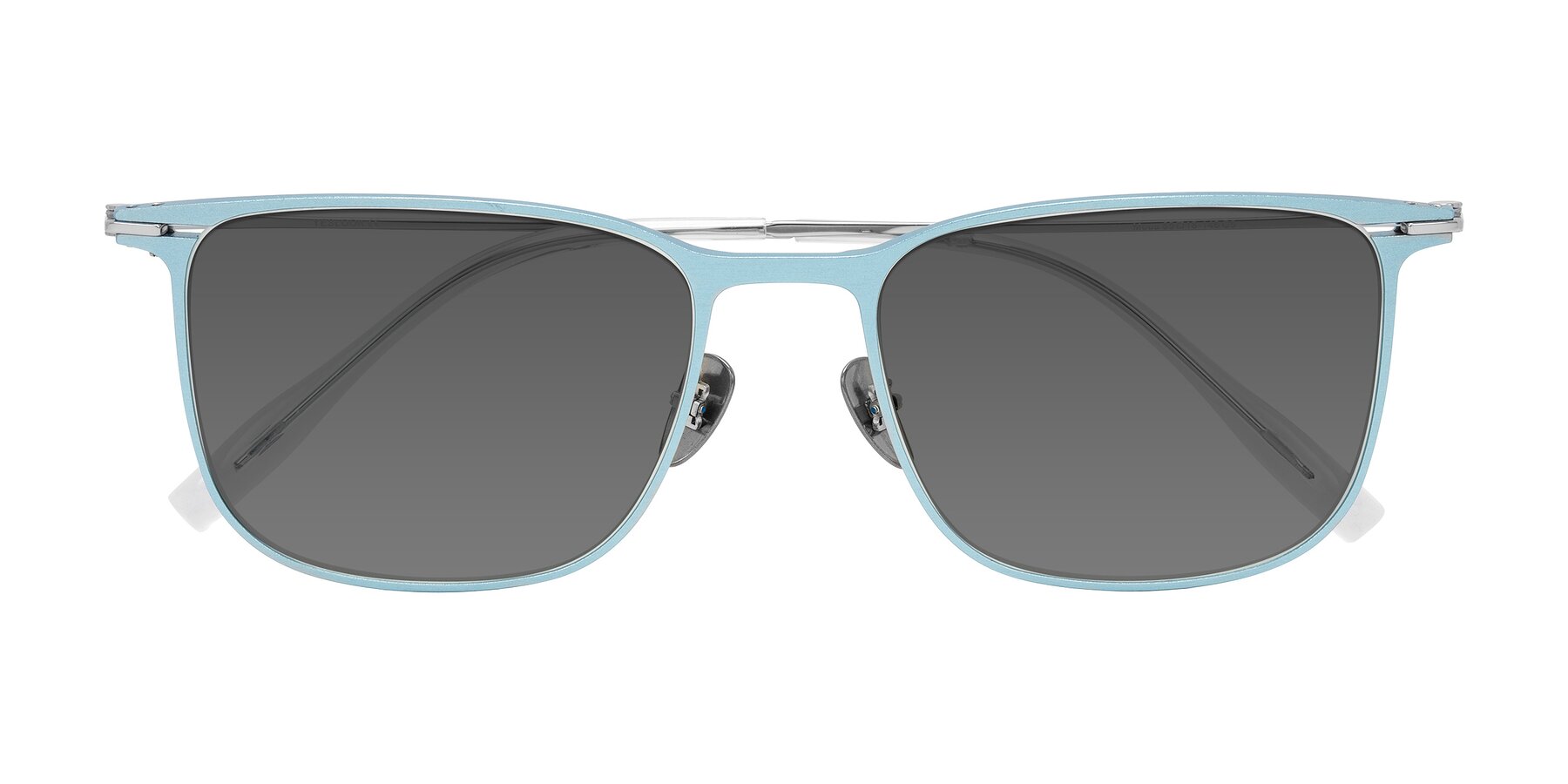 Folded Front of Moua in Pastel Blue/Silver with Medium Gray Tinted Lenses