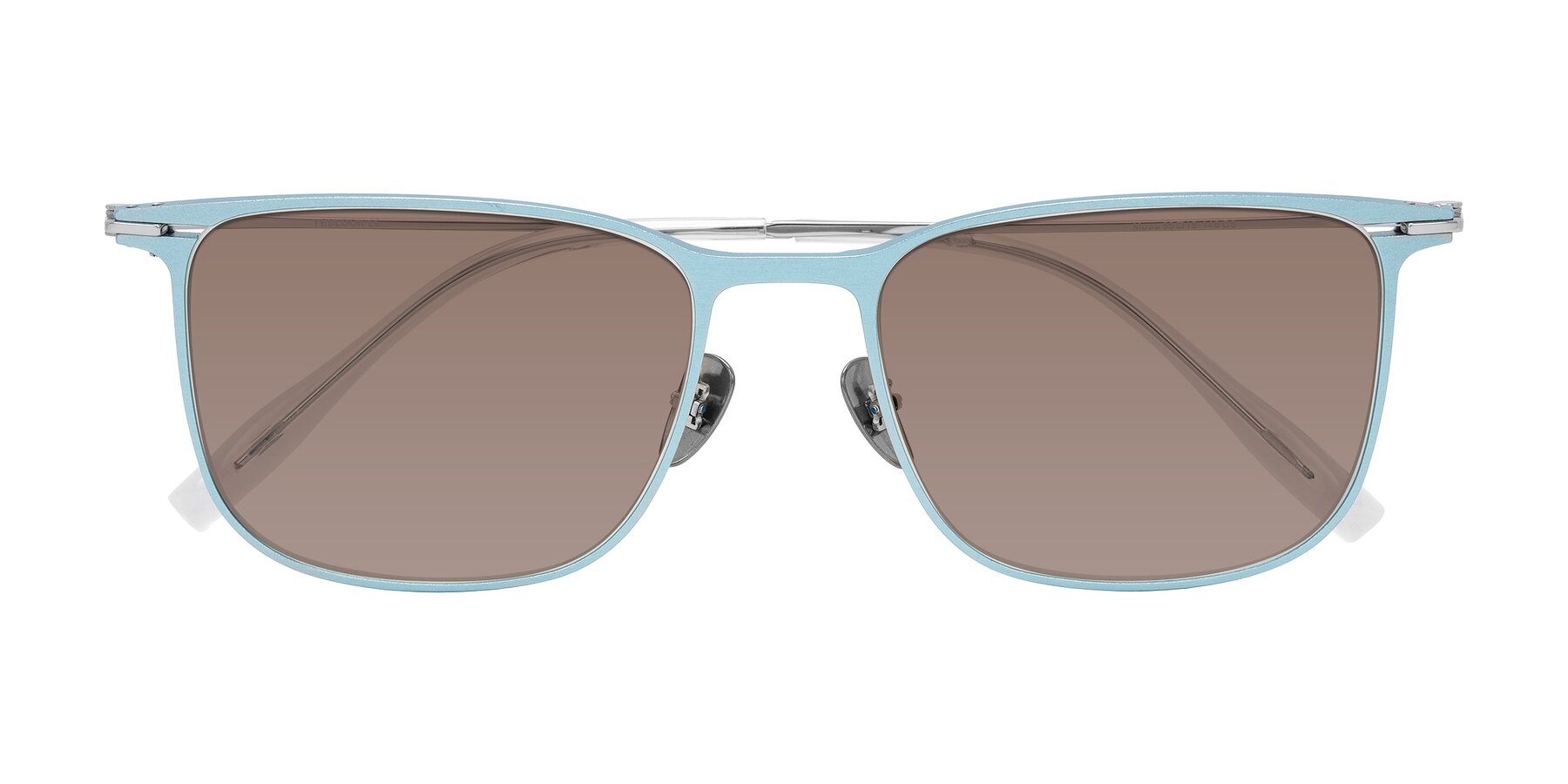 Folded Front of Moua in Pastel Blue/Silver with Medium Brown Tinted Lenses