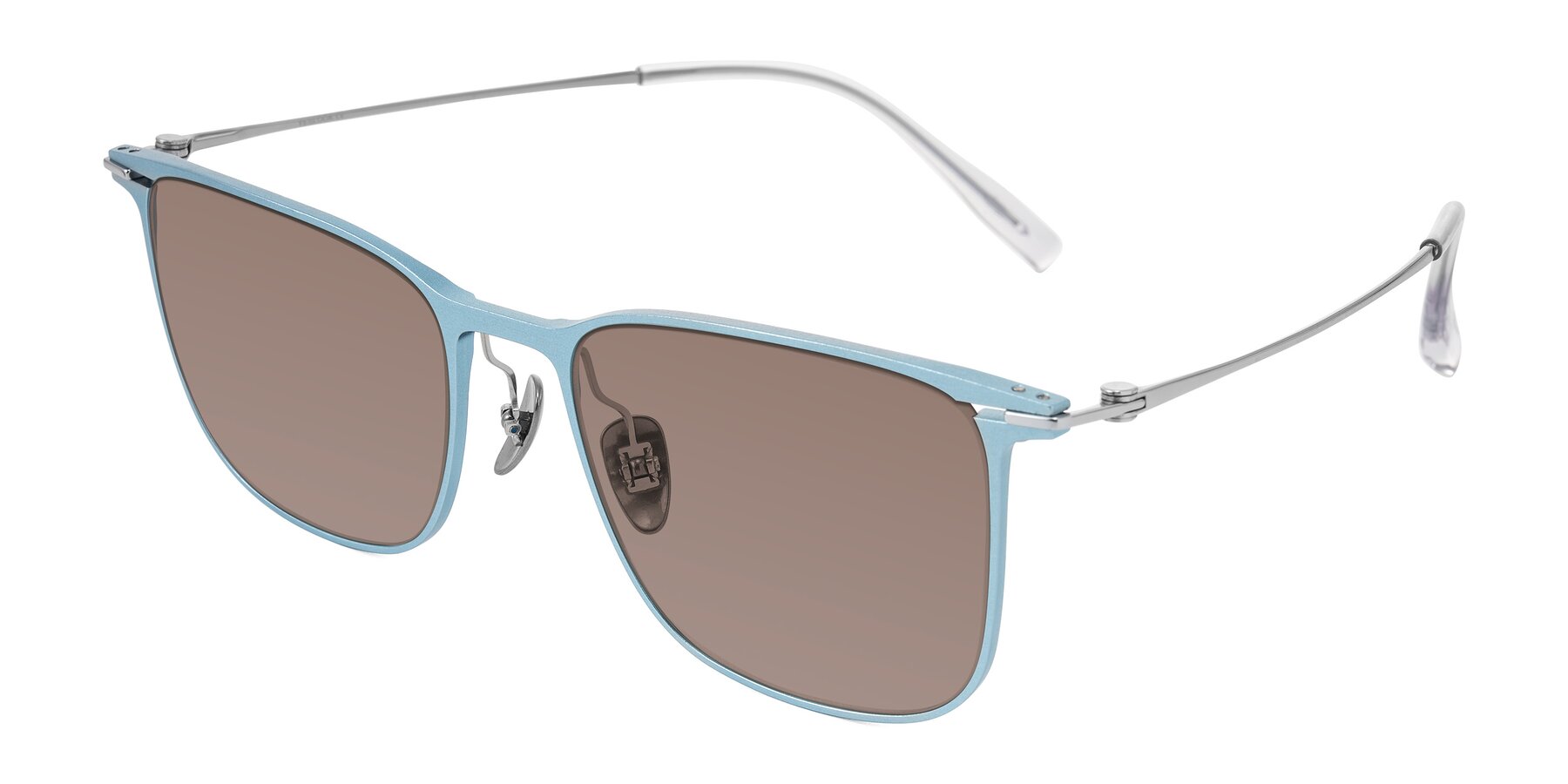Angle of Moua in Pastel Blue/Silver with Medium Brown Tinted Lenses