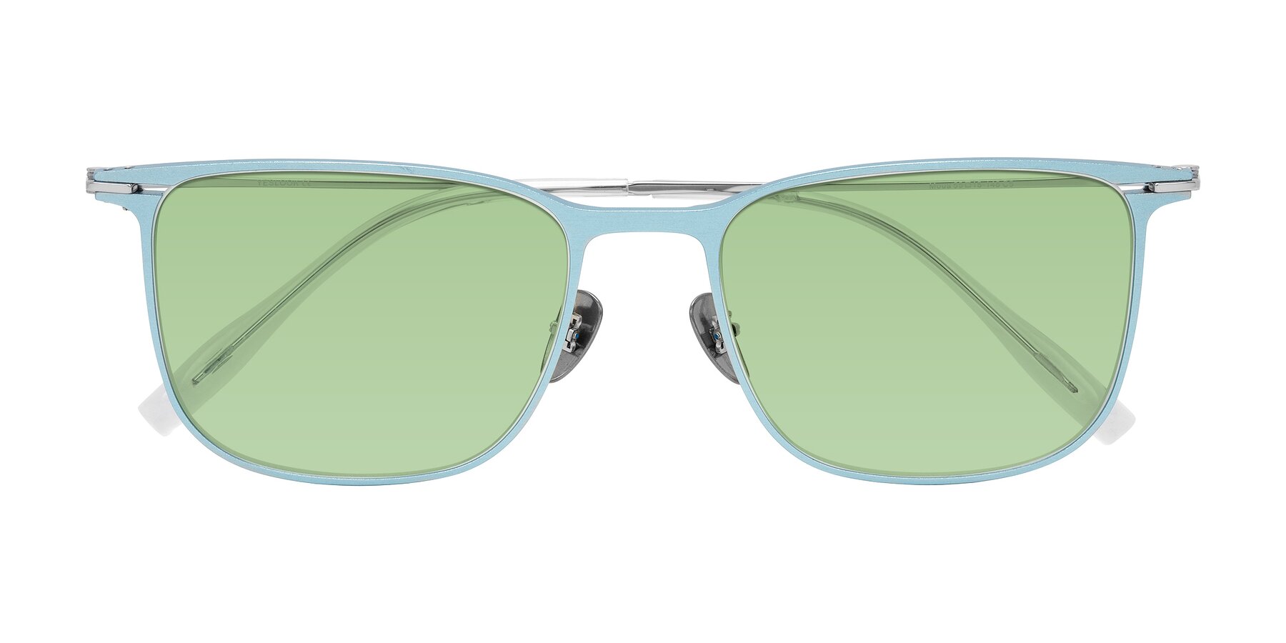 Folded Front of Moua in Pastel Blue/Silver with Medium Green Tinted Lenses