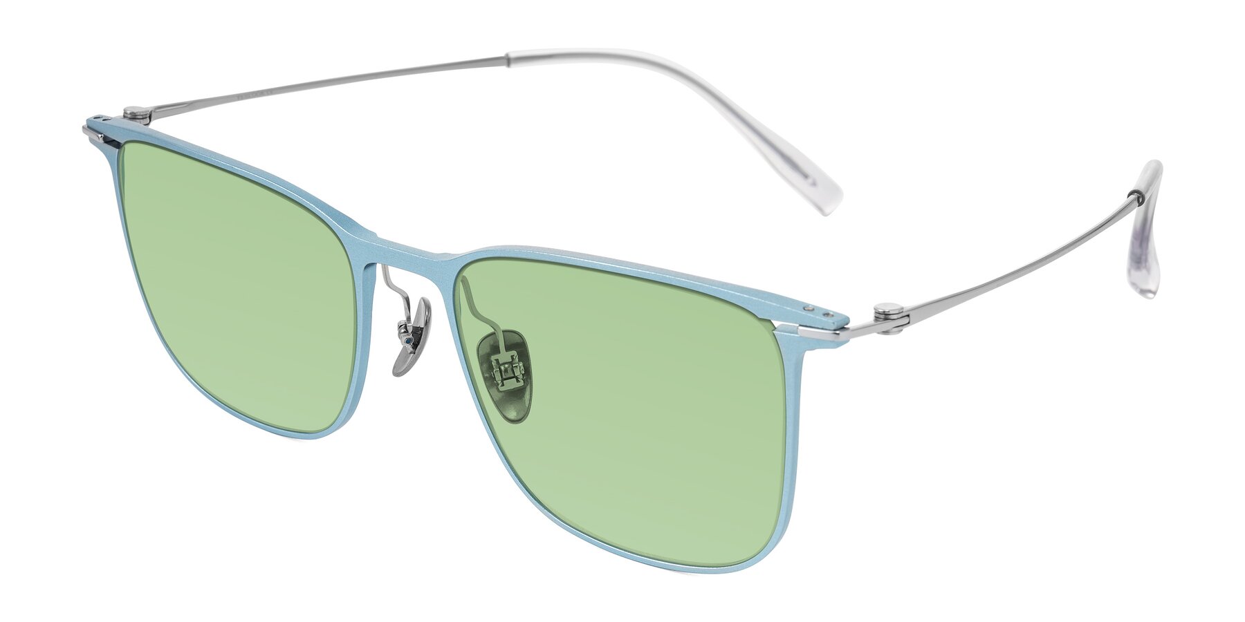 Angle of Moua in Pastel Blue/Silver with Medium Green Tinted Lenses