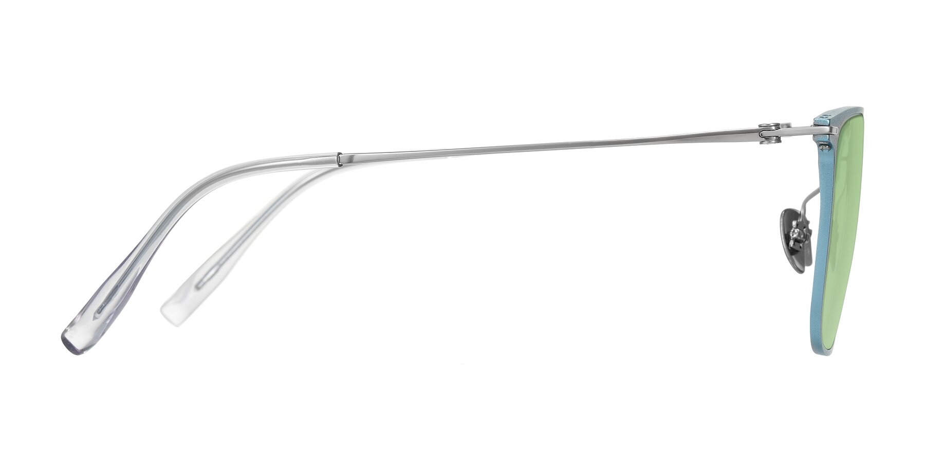 Side of Moua in Pastel Blue/Silver with Medium Green Tinted Lenses