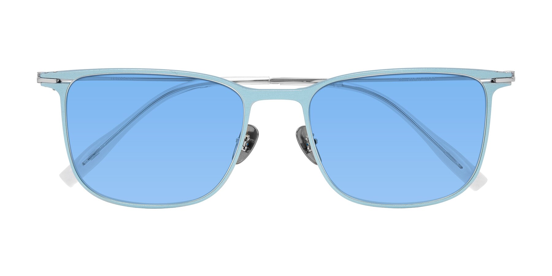 Folded Front of Moua in Pastel Blue/Silver with Medium Blue Tinted Lenses