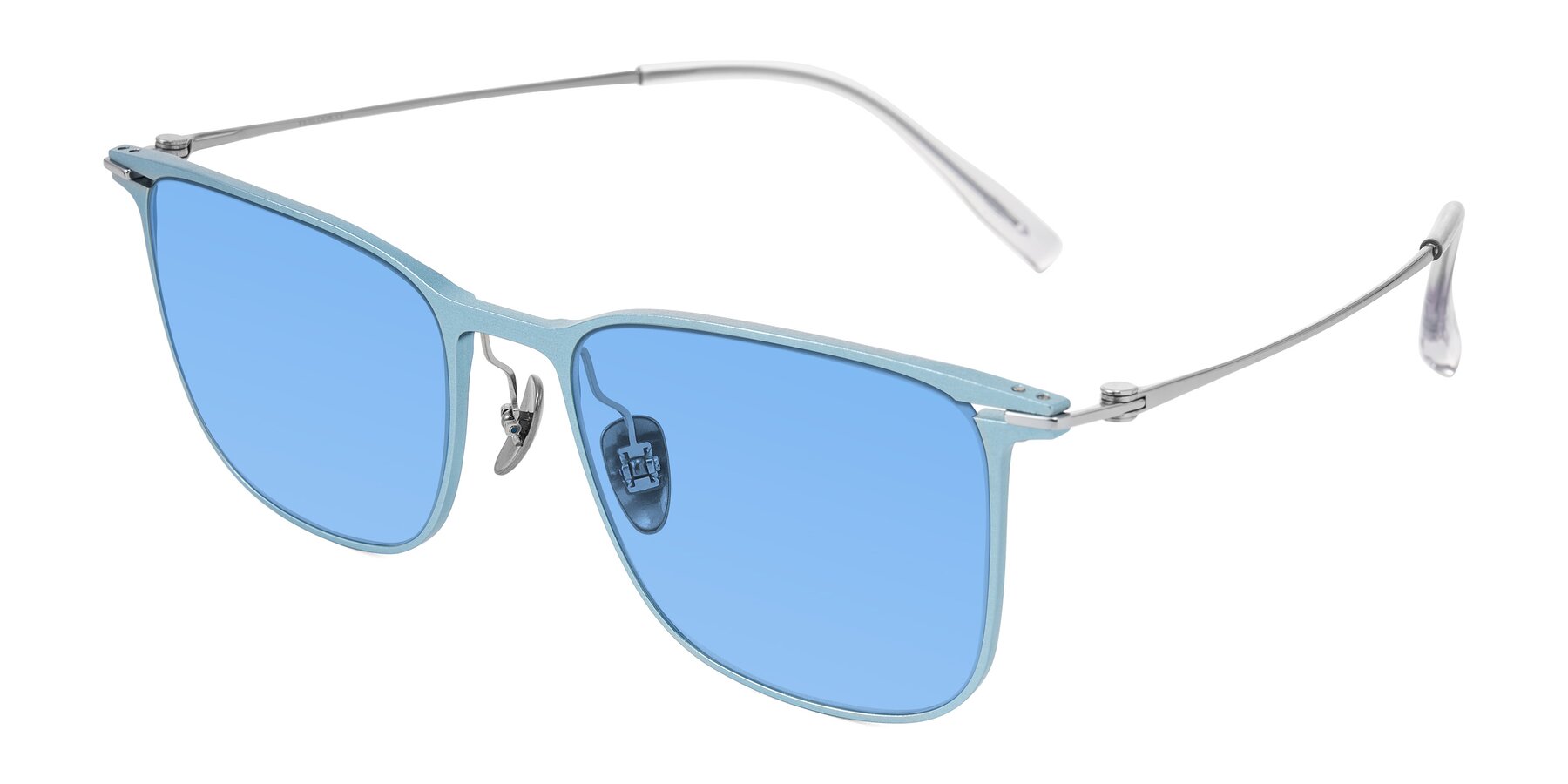 Angle of Moua in Pastel Blue/Silver with Medium Blue Tinted Lenses