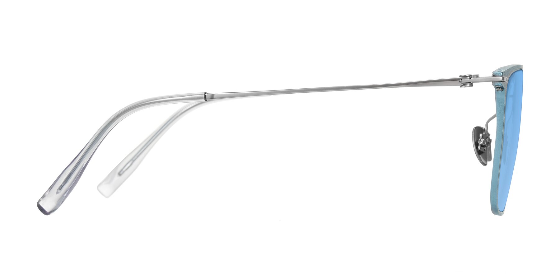 Side of Moua in Pastel Blue/Silver with Medium Blue Tinted Lenses