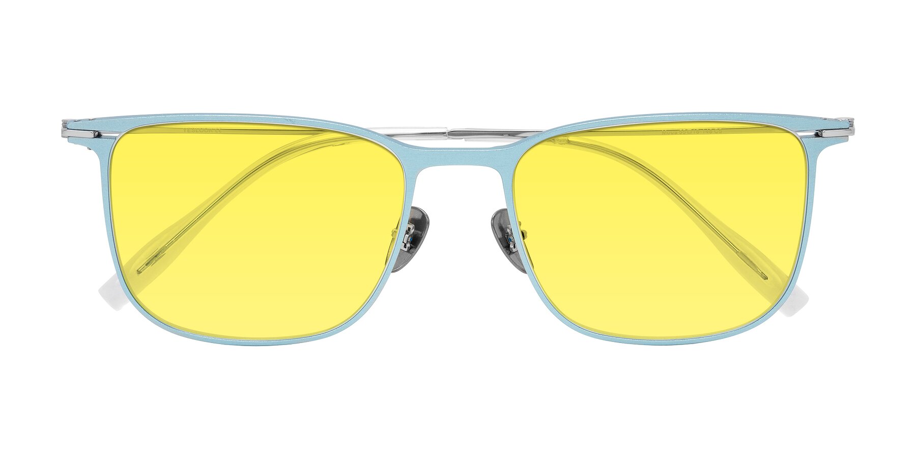 Folded Front of Moua in Pastel Blue/Silver with Medium Yellow Tinted Lenses
