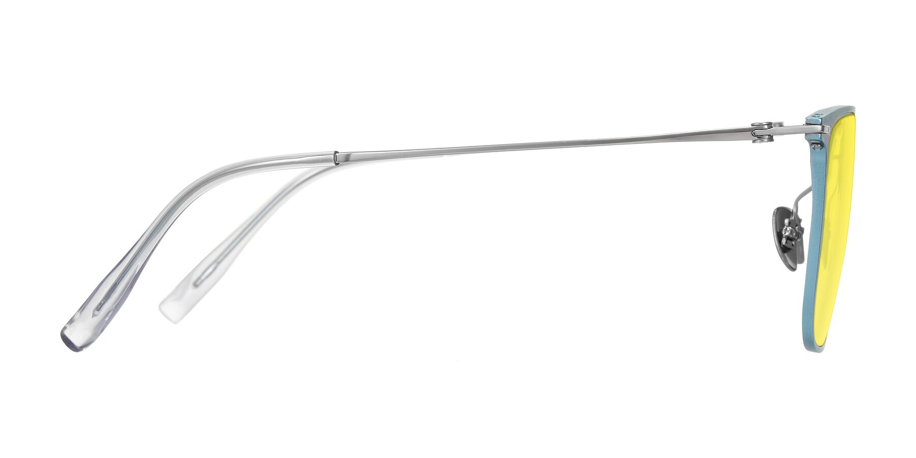 Side of Moua in Pastel Blue/Silver with Medium Yellow Tinted Lenses