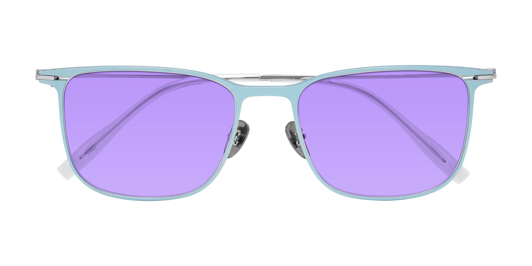 Folded Front of Moua in Pastel Blue/Silver with Medium Purple Tinted Lenses