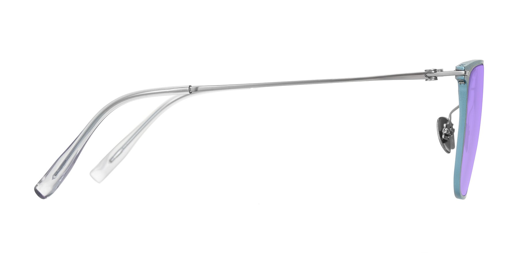Side of Moua in Pastel Blue/Silver with Medium Purple Tinted Lenses