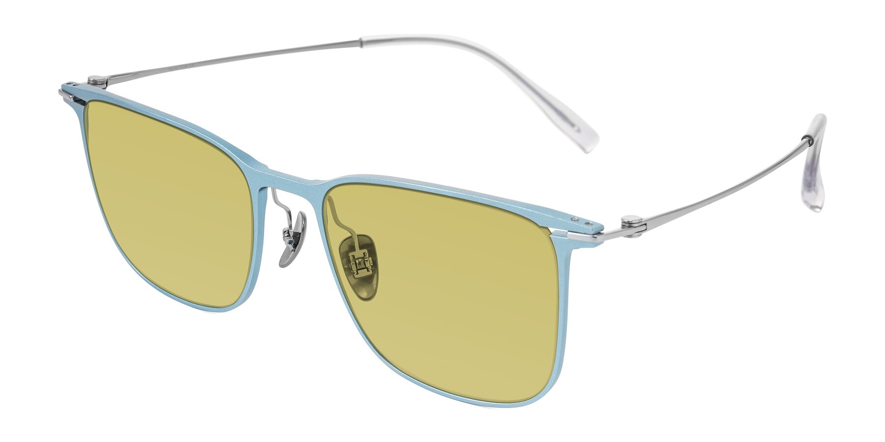 Angle of Moua in Pastel Blue/Silver with Medium Champagne Tinted Lenses