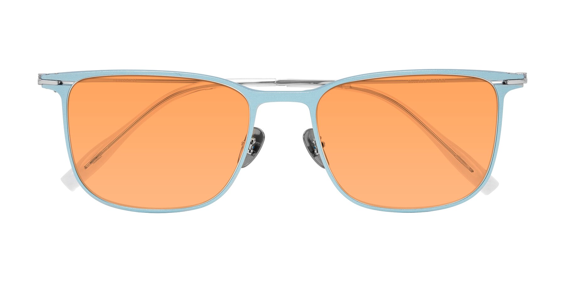 Folded Front of Moua in Pastel Blue/Silver with Medium Orange Tinted Lenses