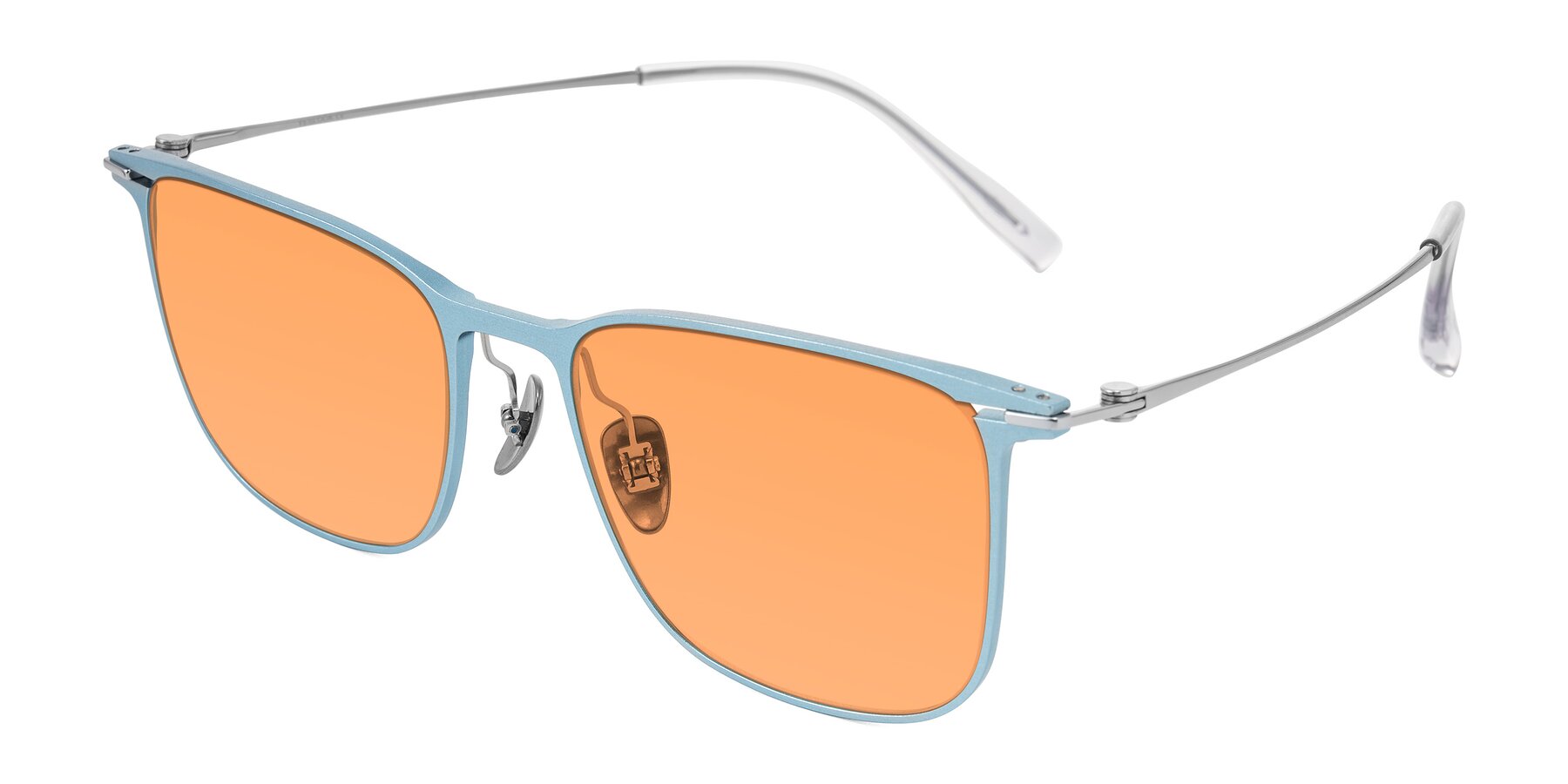 Angle of Moua in Pastel Blue/Silver with Medium Orange Tinted Lenses