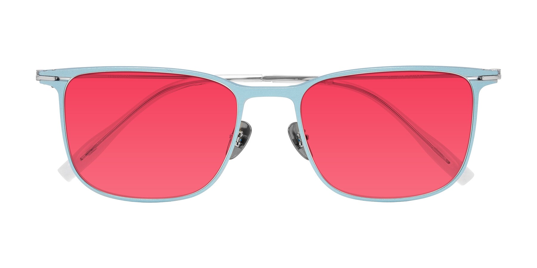 Folded Front of Moua in Pastel Blue/Silver with Red Tinted Lenses