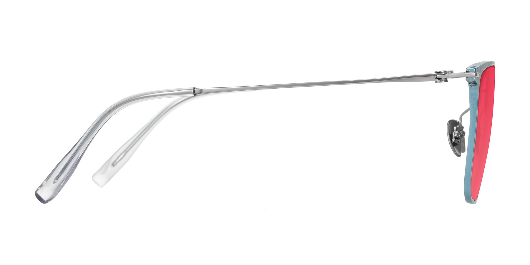 Side of Moua in Pastel Blue/Silver with Red Tinted Lenses