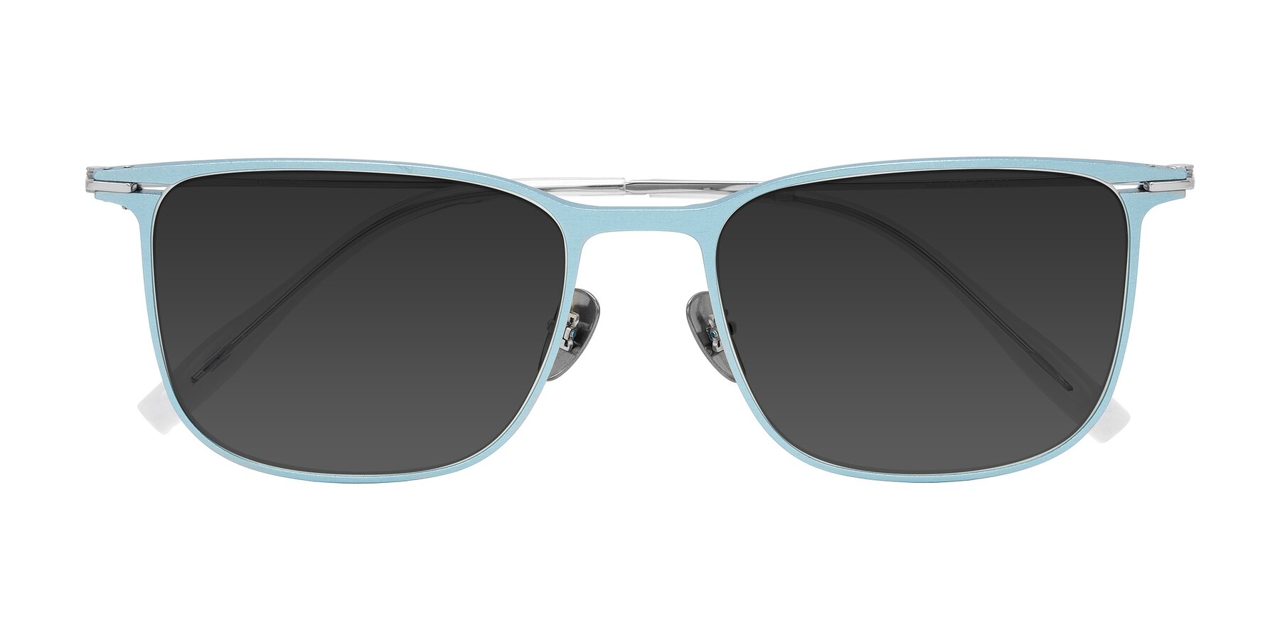 Folded Front of Moua in Pastel Blue/Silver with Gray Tinted Lenses