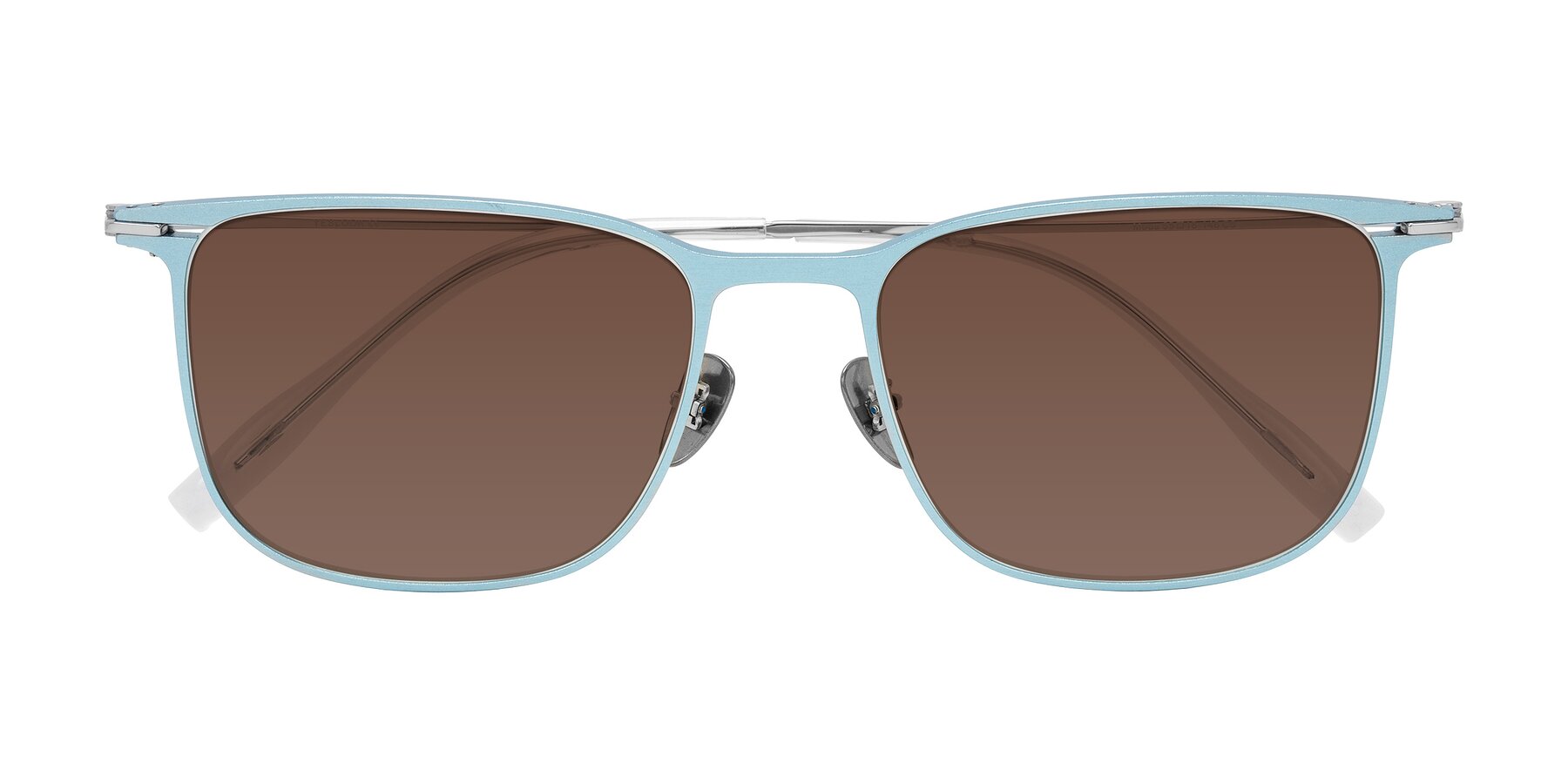 Folded Front of Moua in Pastel Blue/Silver with Brown Tinted Lenses