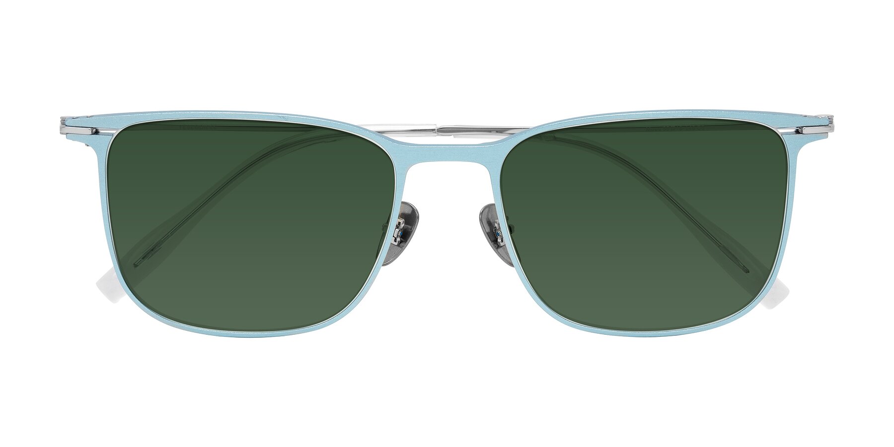 Folded Front of Moua in Pastel Blue/Silver with Green Tinted Lenses