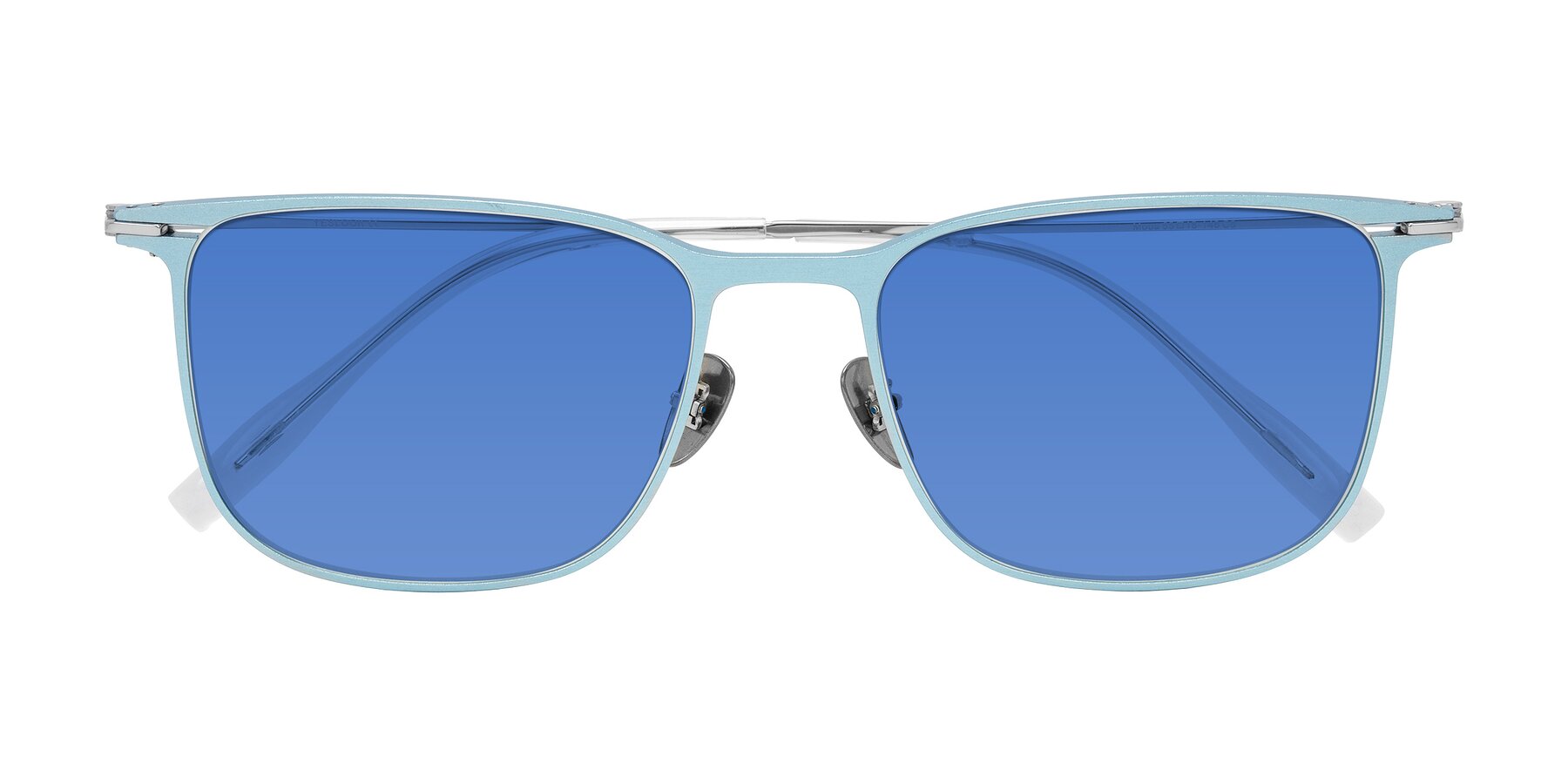 Folded Front of Moua in Pastel Blue/Silver with Blue Tinted Lenses