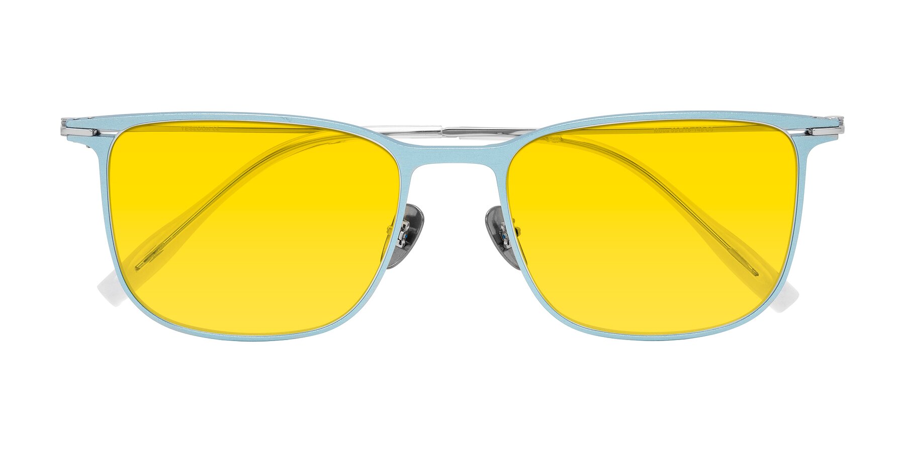 Folded Front of Moua in Pastel Blue/Silver with Yellow Tinted Lenses