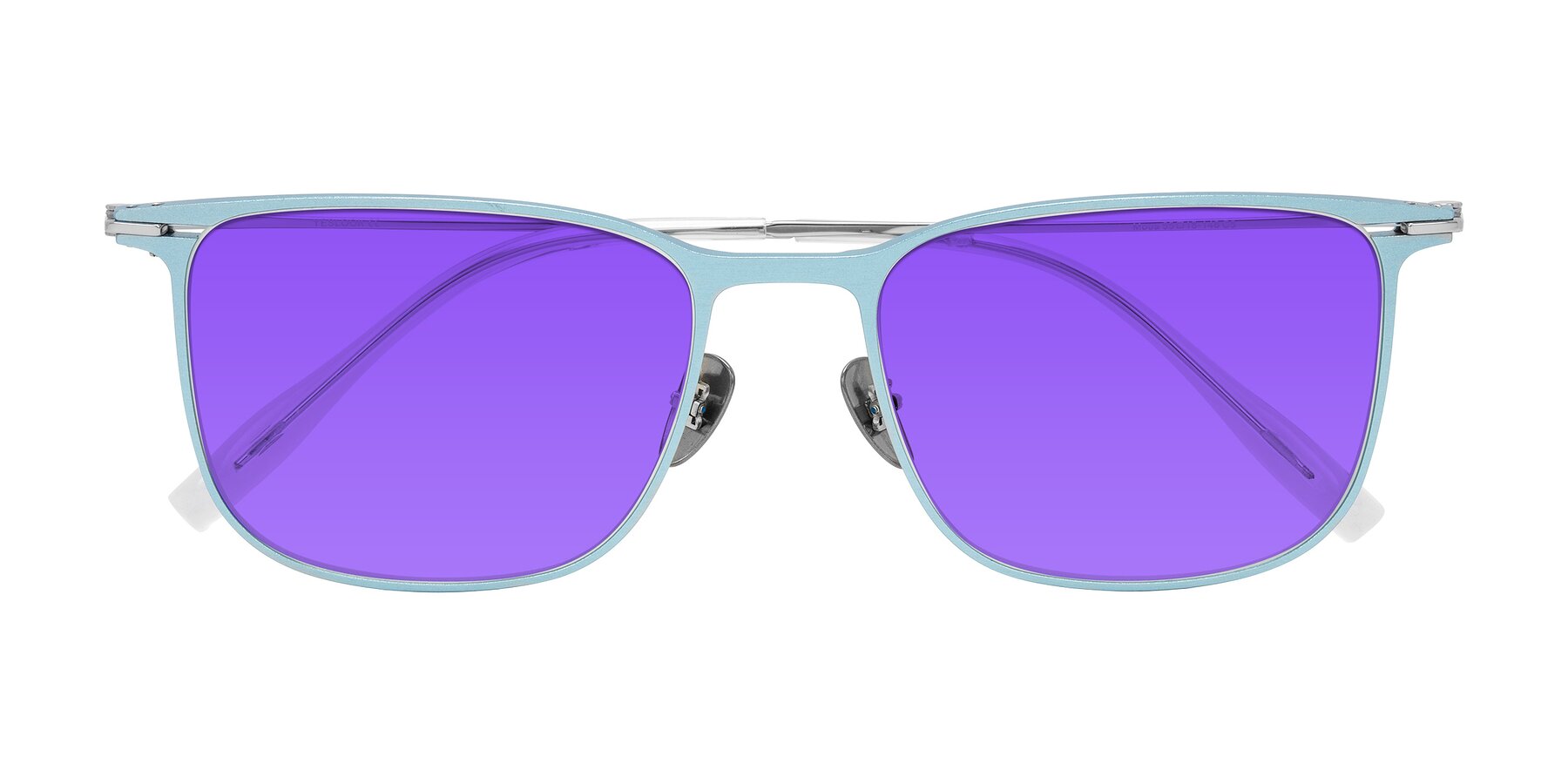 Folded Front of Moua in Pastel Blue/Silver with Purple Tinted Lenses