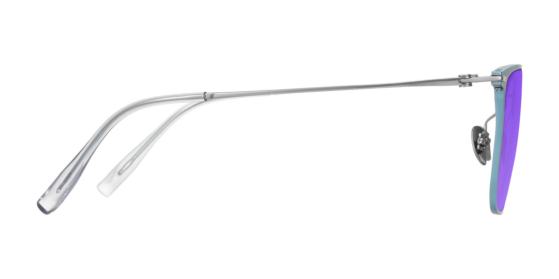 Side of Moua in Pastel Blue/Silver with Purple Tinted Lenses