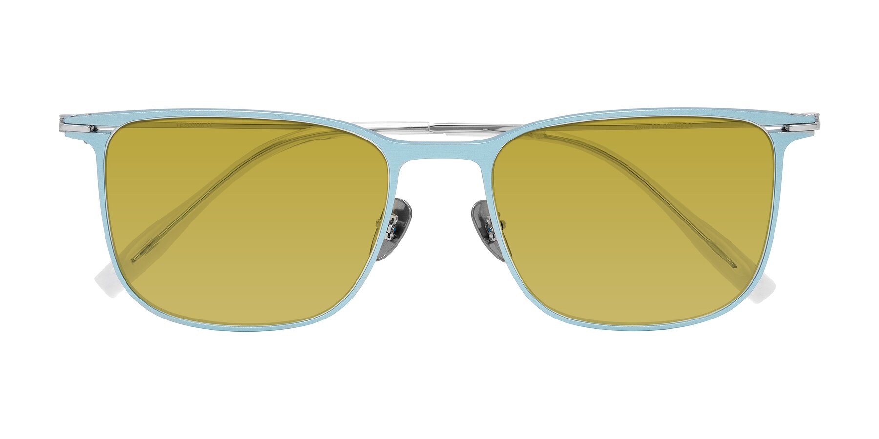 Folded Front of Moua in Pastel Blue/Silver with Champagne Tinted Lenses