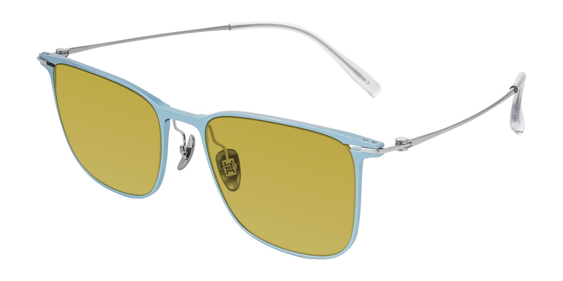 Angle of Moua in Pastel Blue/Silver with Champagne Tinted Lenses