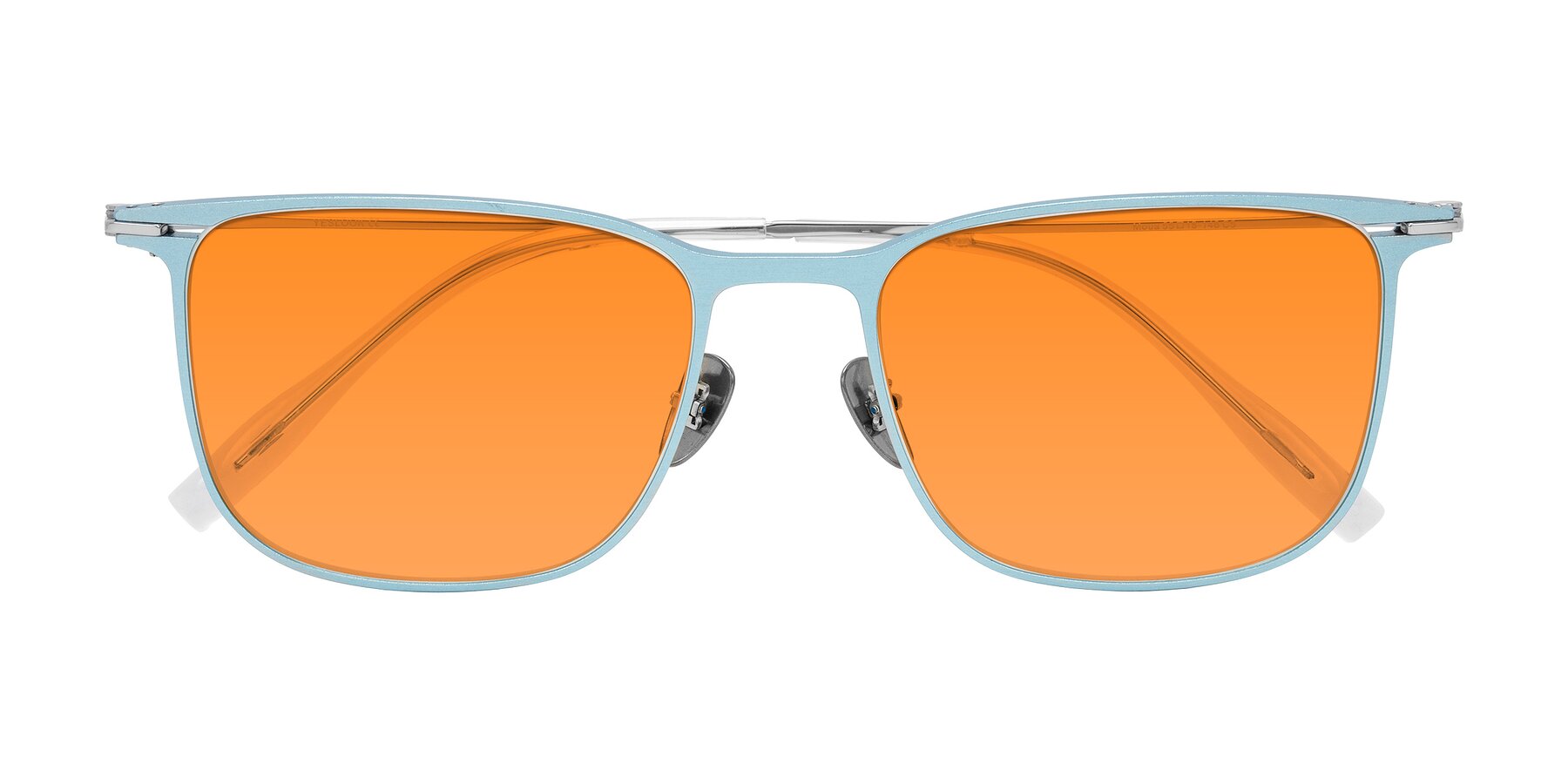 Folded Front of Moua in Pastel Blue/Silver with Orange Tinted Lenses