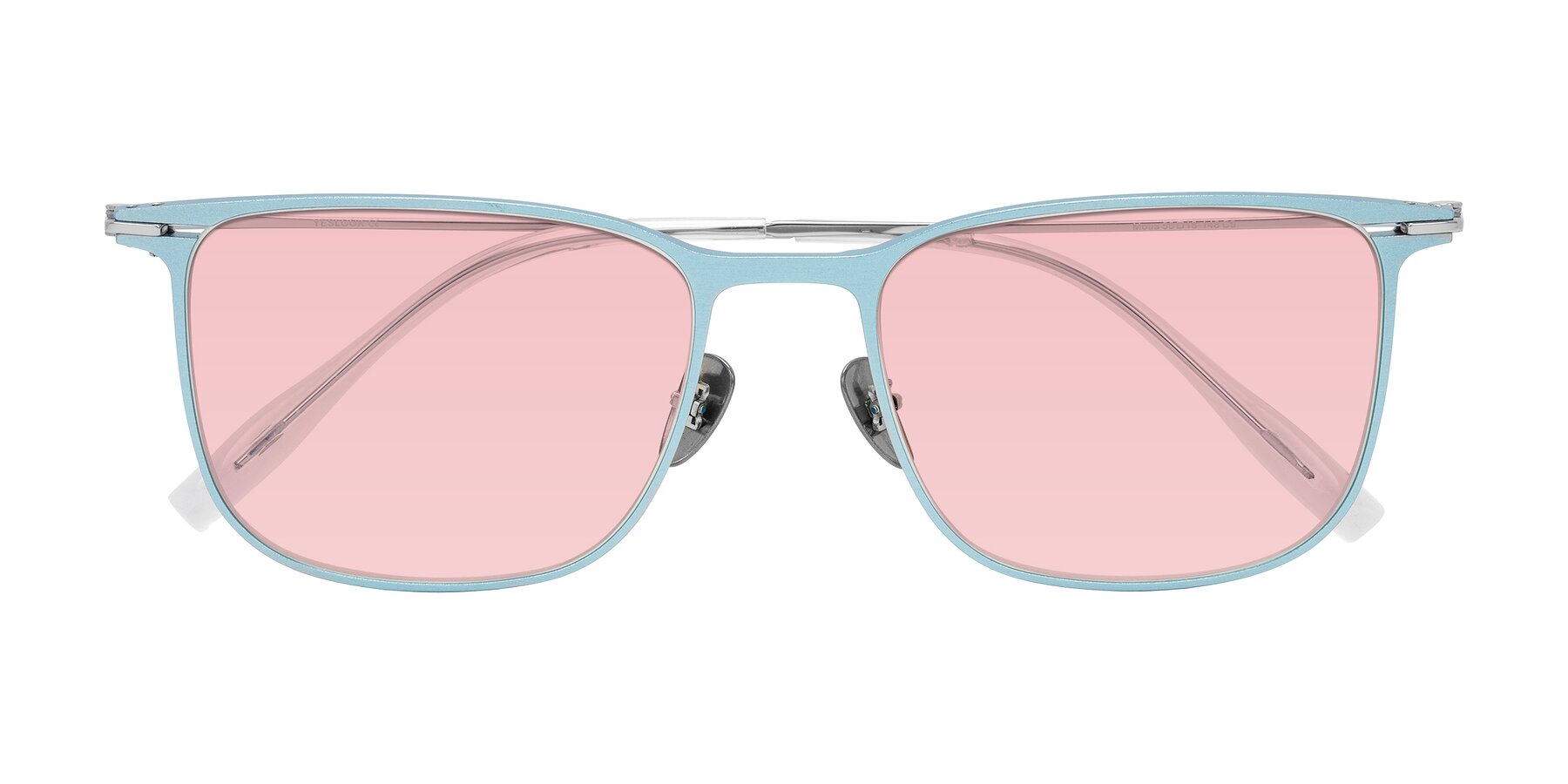 Folded Front of Moua in Pastel Blue/Silver with Light Garnet Tinted Lenses