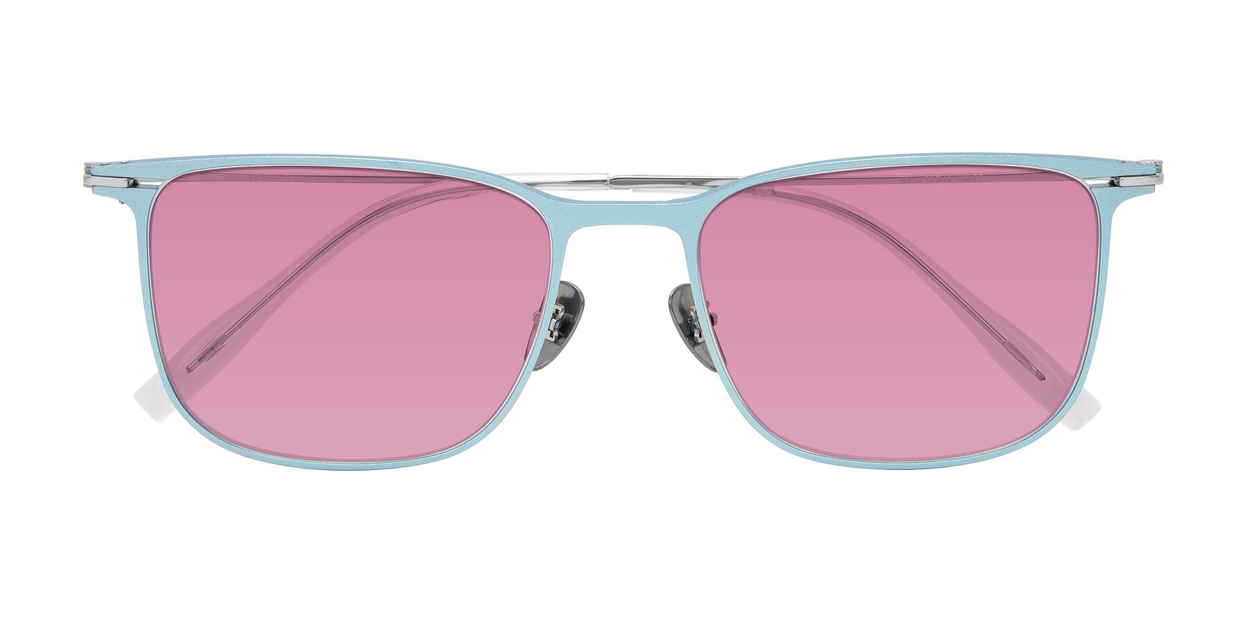 Folded Front of Moua in Pastel Blue/Silver with Medium Wine Tinted Lenses