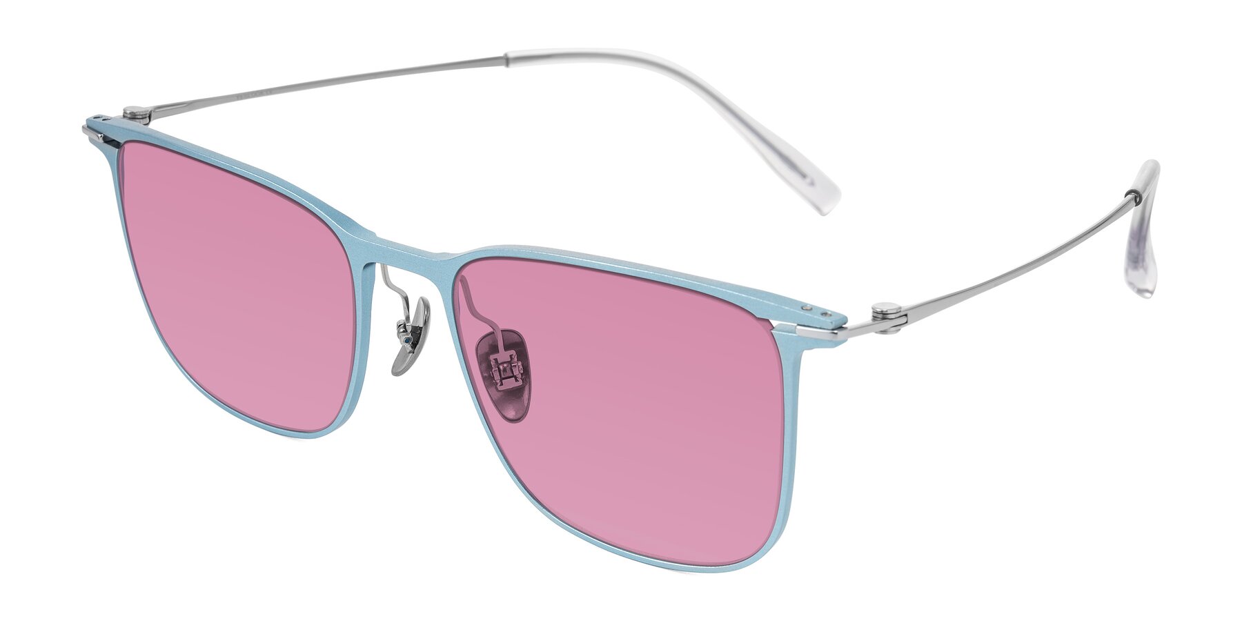 Angle of Moua in Pastel Blue/Silver with Medium Wine Tinted Lenses