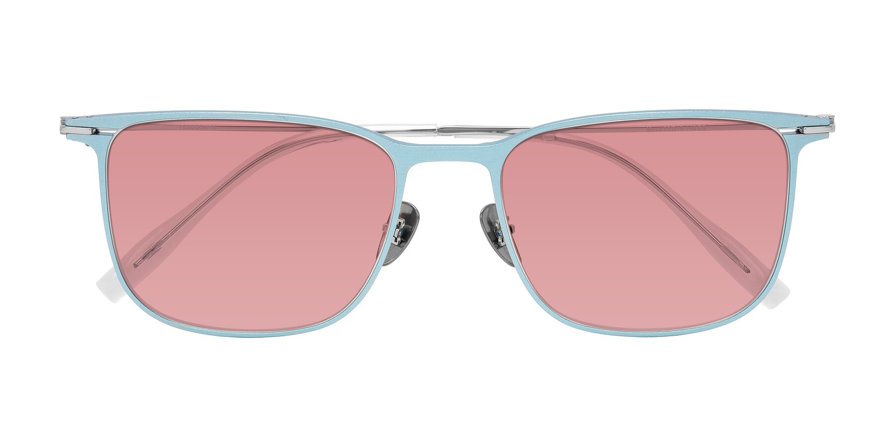 Folded Front of Moua in Pastel Blue/Silver with Medium Garnet Tinted Lenses