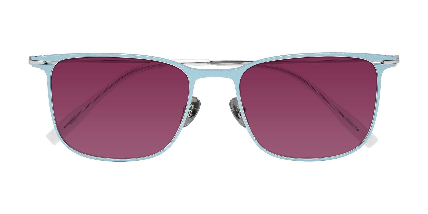 Folded Front of Moua in Pastel Blue/Silver with Wine Tinted Lenses
