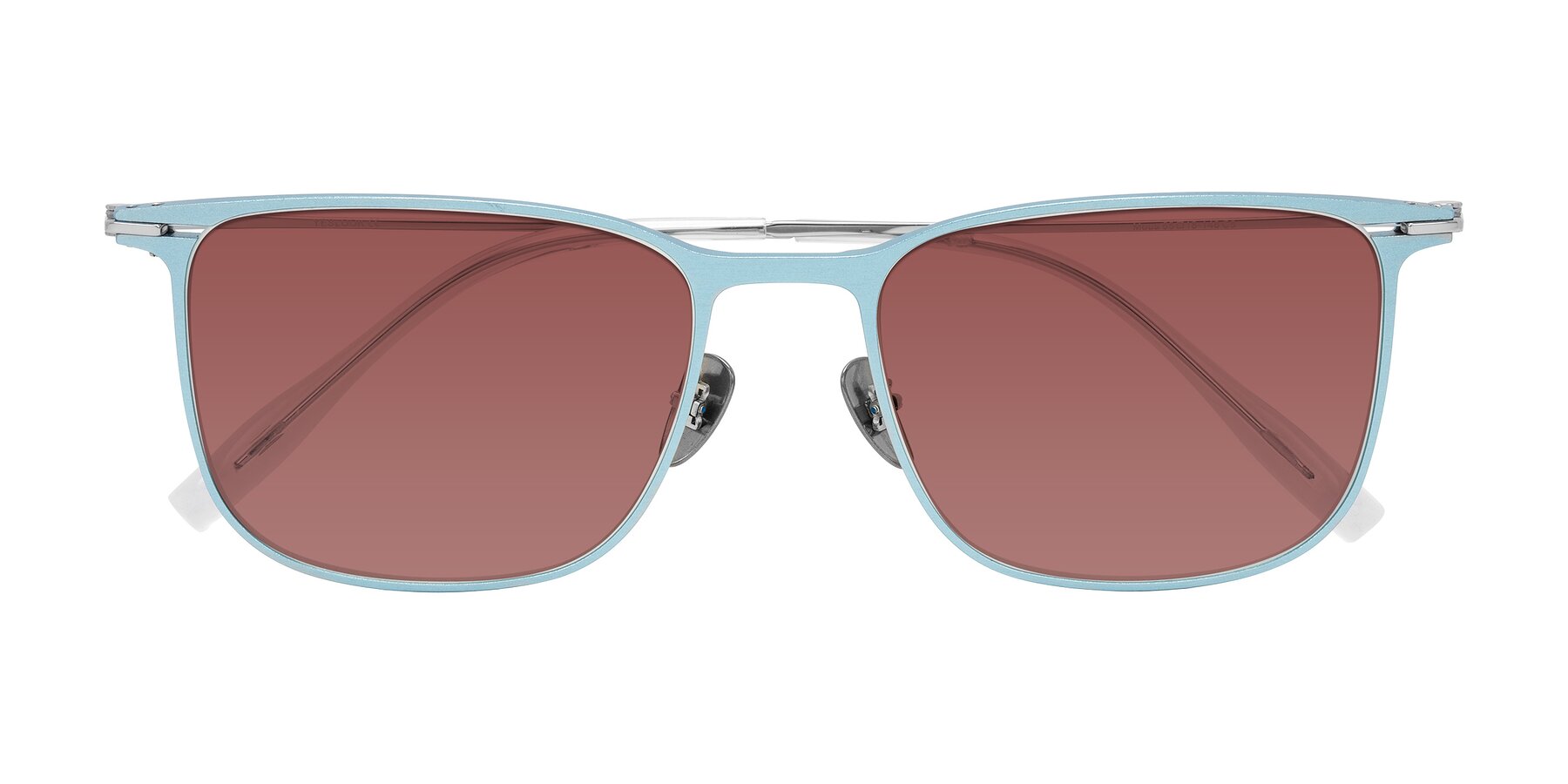 Folded Front of Moua in Pastel Blue/Silver with Garnet Tinted Lenses