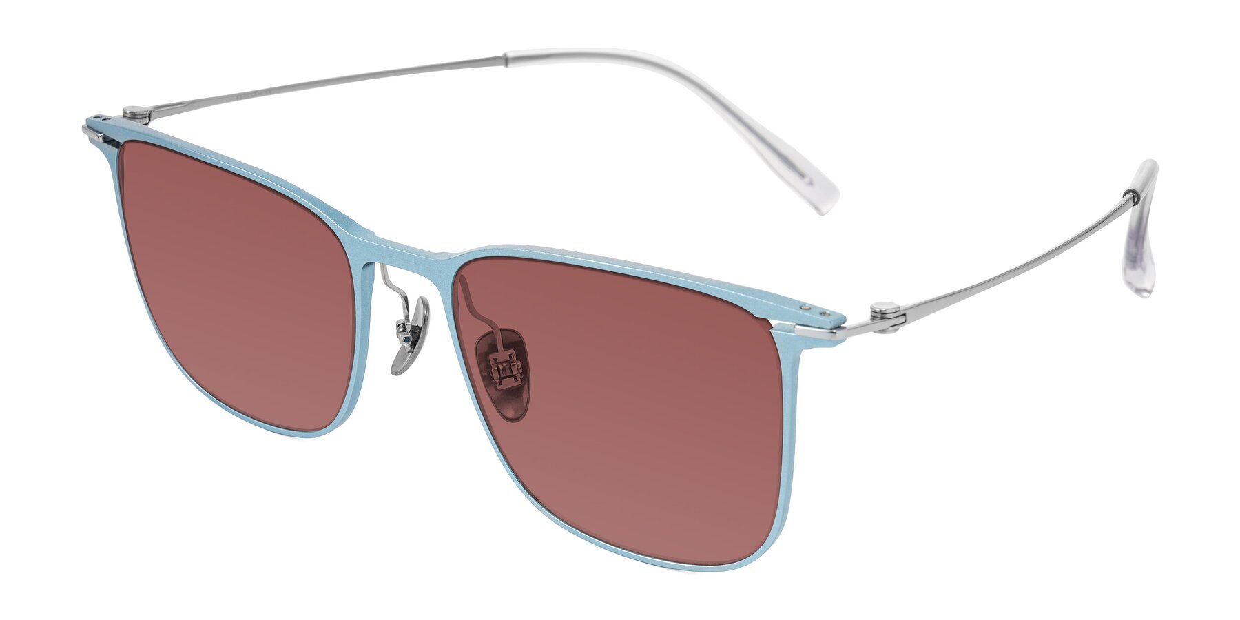 Angle of Moua in Pastel Blue/Silver with Garnet Tinted Lenses