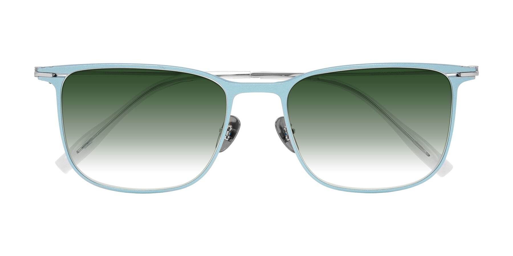 Folded Front of Moua in Pastel Blue/Silver with Green Gradient Lenses