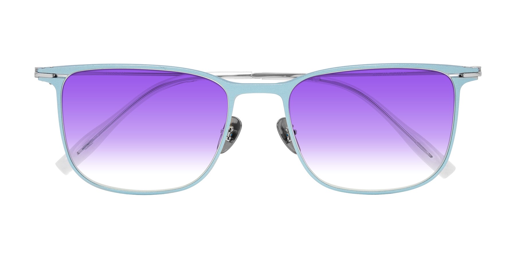 Folded Front of Moua in Pastel Blue/Silver with Purple Gradient Lenses