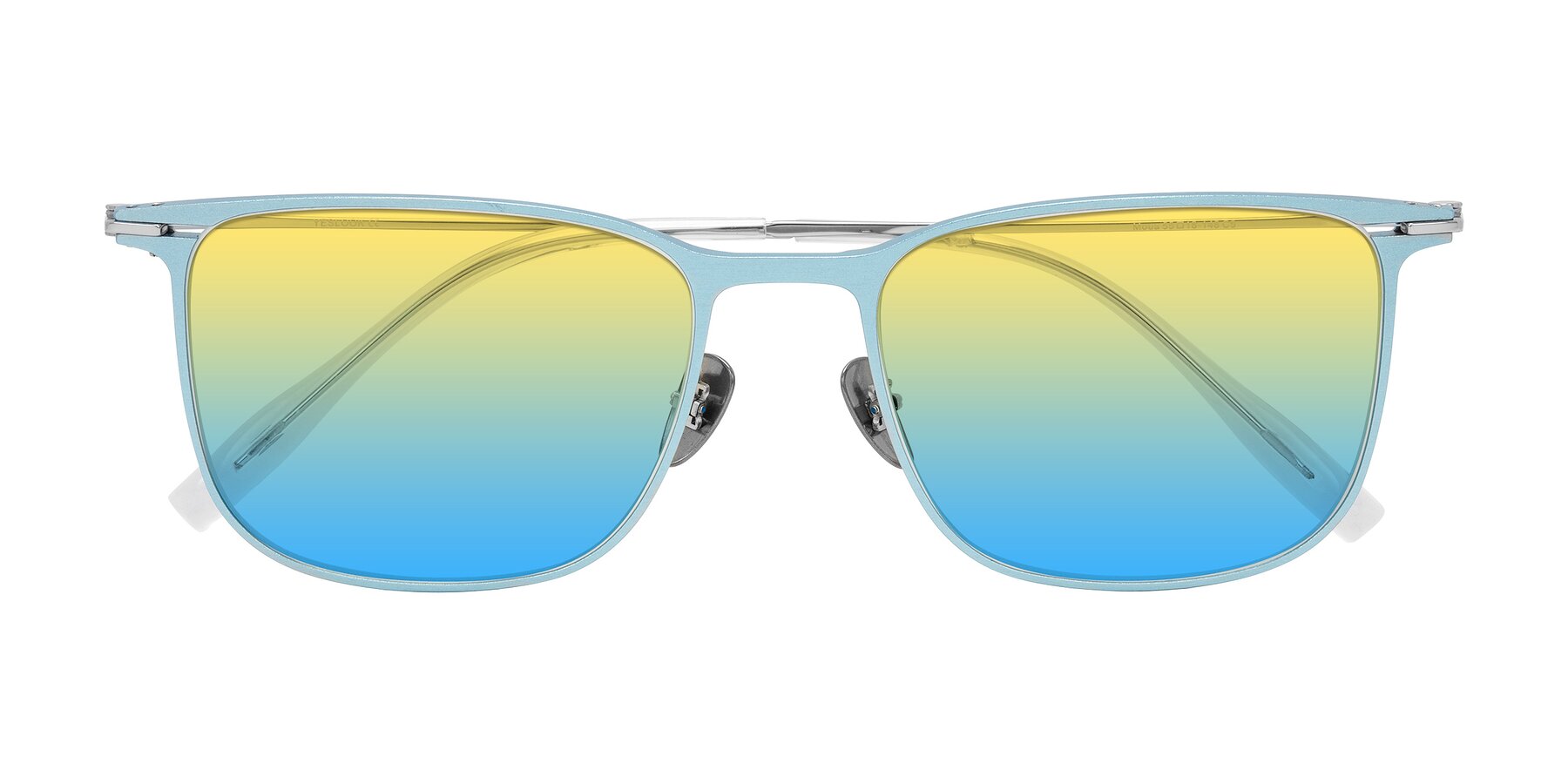 Folded Front of Moua in Pastel Blue/Silver with Yellow / Blue Gradient Lenses