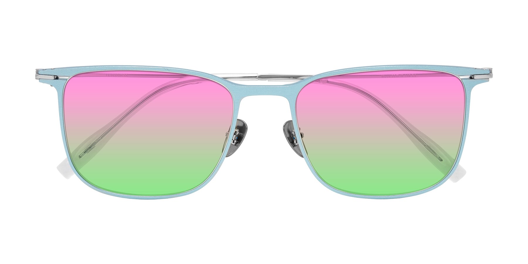 Folded Front of Moua in Pastel Blue/Silver with Pink / Green Gradient Lenses