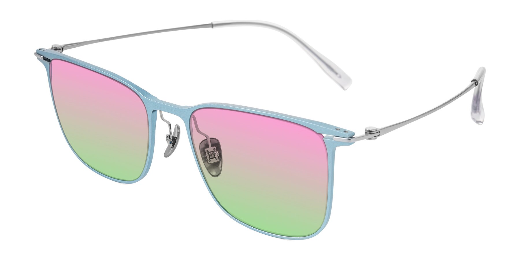 Angle of Moua in Pastel Blue/Silver with Pink / Green Gradient Lenses