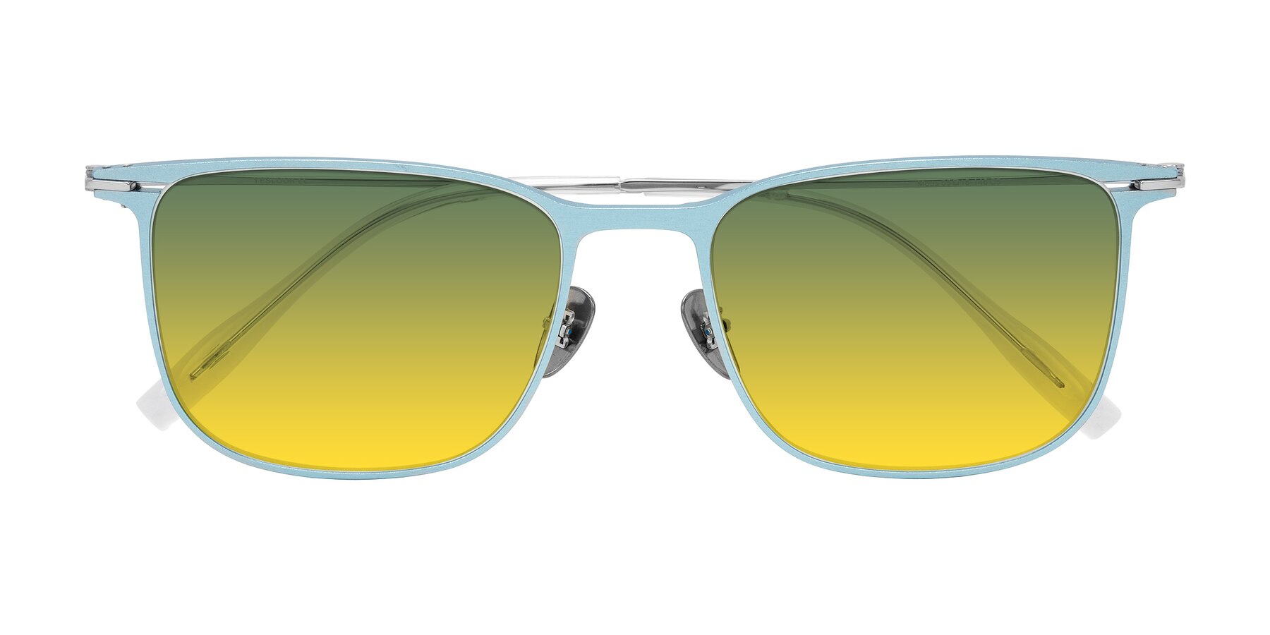 Folded Front of Moua in Pastel Blue/Silver with Green / Yellow Gradient Lenses