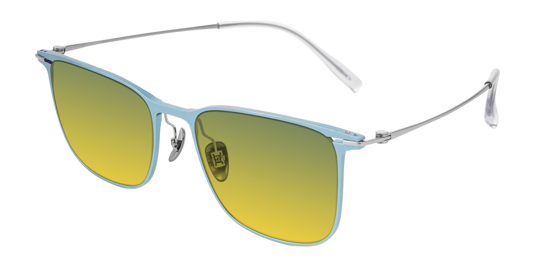 Angle of Moua in Pastel Blue/Silver with Green / Yellow Gradient Lenses