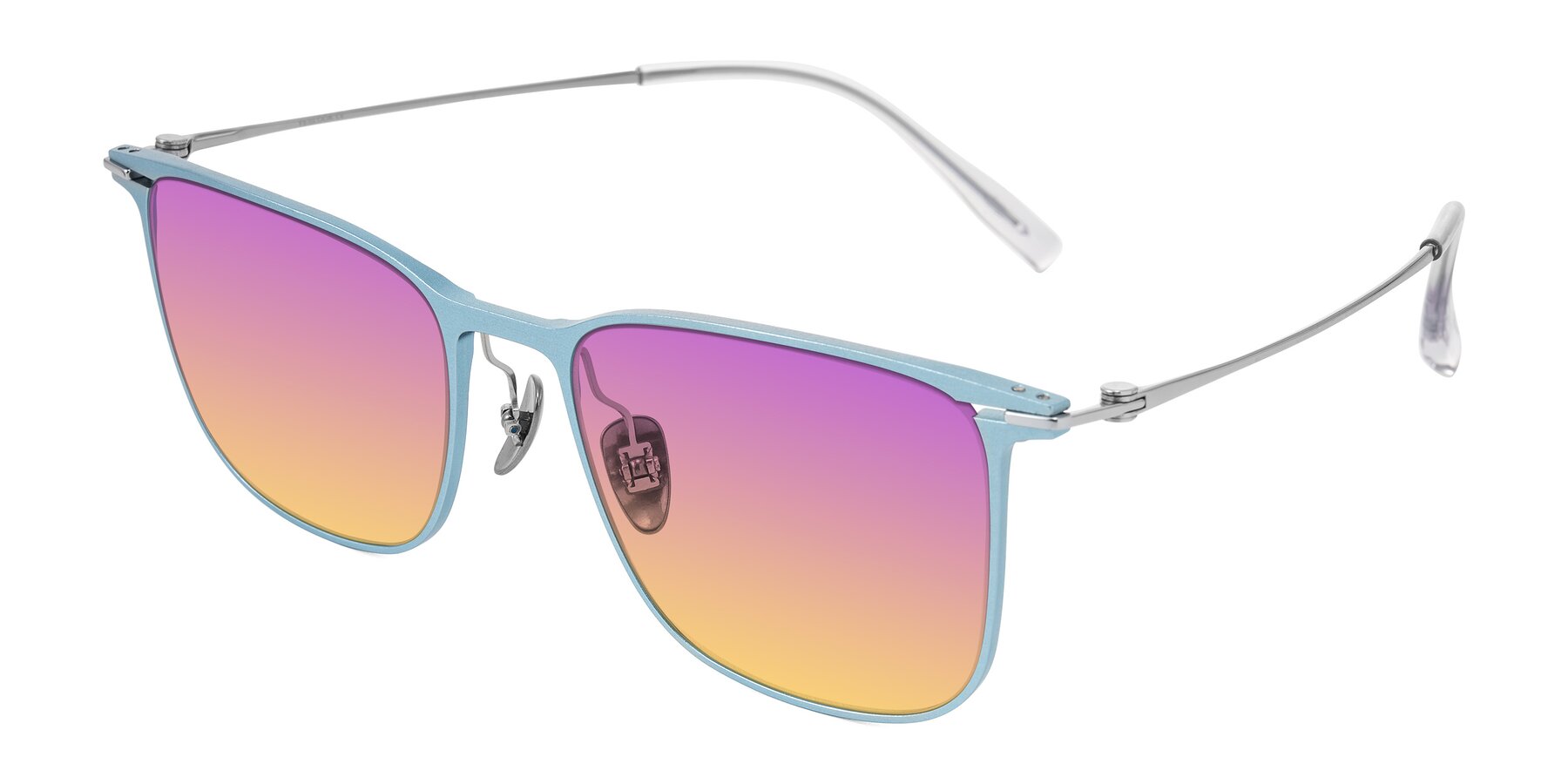 Angle of Moua in Pastel Blue/Silver with Purple / Yellow Gradient Lenses